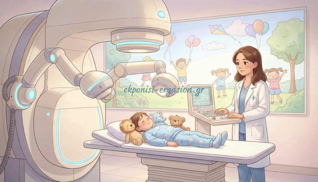 A gentle pediatric oncology clinic scene featuring a young child receiving radiation therapy. The child, wearing comfortable and modest clothing, lies on a treatment table surrounded by advanced medical equipment with soft, ambient lighting. A compassionate pediatric oncologist in a white coat is nearby, attentively monitoring the process. The foreground showcases the medical apparatus, while the middle ground captures the child’s calm expression, supported by comforting toys and colorful wall murals depicting cheerful scenes. In the background, there are soft pastel colors, creating a soothing atmosphere, emphasizing care and safety. The overall mood is hopeful and nurturing, conveying the importance of pediatric cancer treatment. Include the branding "ekponisi-ergasion.gr" subtly in the background design. A gentle pediatric oncology clinic scene featuring a young child receiving radiation therapy. The child, wearing comfortable and modest clothing, lies on a treatment table surrounded by advanced medical equipment with soft, ambient lighting. A compassionate pediatric oncologist in a white coat is nearby, attentively monitoring the process. The foreground showcases the medical apparatus, while the middle ground captures the child’s calm expression, supported by comforting toys and colorful wall murals depicting cheerful scenes. In the background, there are soft pastel colors, creating a soothing atmosphere, emphasizing care and safety. The overall mood is hopeful and nurturing, conveying the importance of pediatric cancer treatment. Include the branding "ekponisi-ergasion.gr" subtly in the background design.