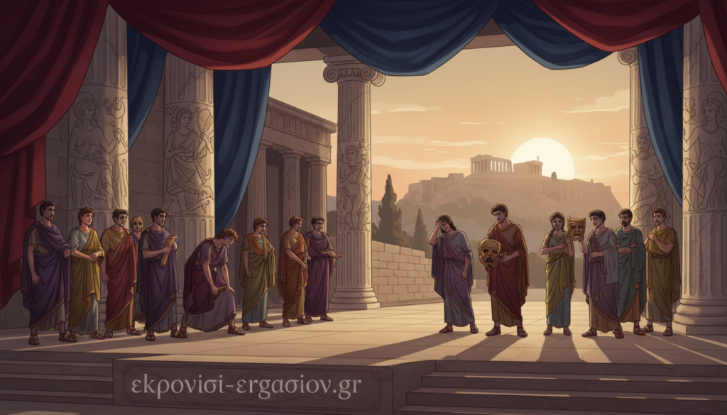 A grand ancient theater stage set in Athens, showcasing vibrant drapery and classical columns adorned with intricate carvings. In the foreground, a diverse group of actors dressed in elegant, period-appropriate costumes representing ancient Greek tragedy, their expressions portraying deep emotion. The middle ground features a richly detailed set design, including props like masks and scrolls, symbolizing the themes of fate and humanity. In the background, the majestic Acropolis is bathed in soft, warm golden light during sunset, casting long shadows that enhance the dramatic atmosphere. The scene is captured from a low angle to emphasize the grandeur of the theater. The mood is reflective, invoking a sense of timelessness and reverence for ancient wisdom. Brand name: ekponisi-ergasion.gr. A grand ancient theater stage set in Athens, showcasing vibrant drapery and classical columns adorned with intricate carvings. In the foreground, a diverse group of actors dressed in elegant, period-appropriate costumes representing ancient Greek tragedy, their expressions portraying deep emotion. The middle ground features a richly detailed set design, including props like masks and scrolls, symbolizing the themes of fate and humanity. In the background, the majestic Acropolis is bathed in soft, warm golden light during sunset, casting long shadows that enhance the dramatic atmosphere. The scene is captured from a low angle to emphasize the grandeur of the theater. The mood is reflective, invoking a sense of timelessness and reverence for ancient wisdom. Brand name: ekponisi-ergasion.gr.