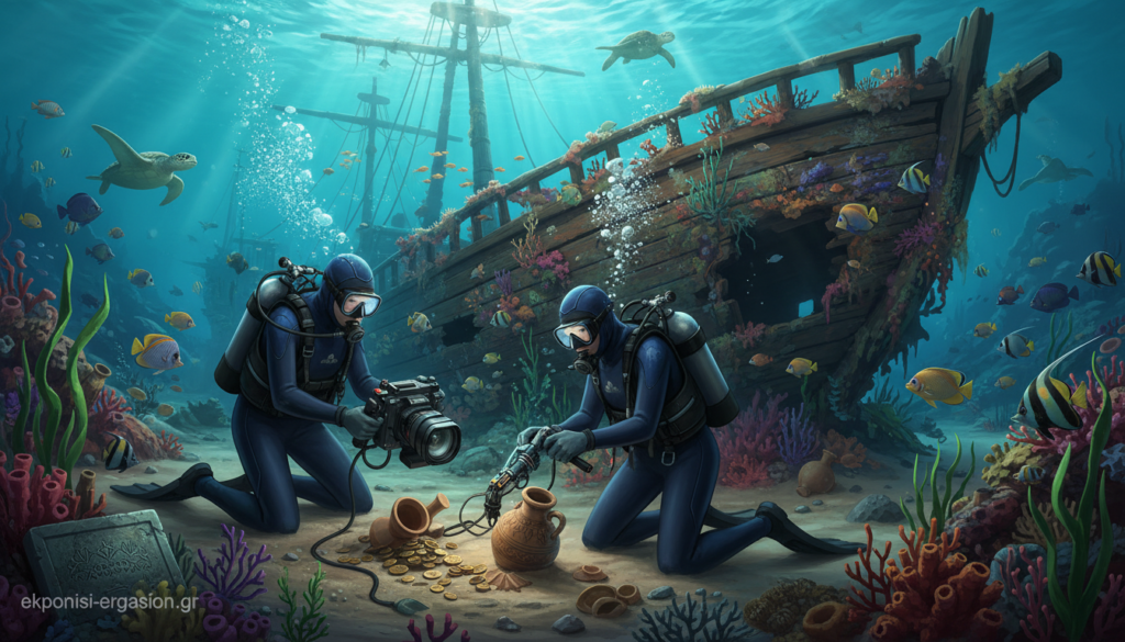 A group of professional divers in modest scuba attire are engaged in underwater archaeological techniques, exploring a sunken shipwreck surrounded by vibrant marine life. In the foreground, one diver is carefully examining ancient artifacts with a specialized underwater tool, while another diver is documenting their findings with an underwater camera. The mid-ground features the majestic ruins of the shipwreck, partially covered in coral and seaweed, showcasing the rich heritage of underwater archaeology. The background includes shafts of sunlight piercing through the water's surface, creating a serene and captivating atmosphere. The scene conveys a sense of discovery and reverence for history. The image is bright and well-lit, with a clear focus on the divers and artifacts. The branding "ekponisi-ergasion.gr" subtly integrated into the composition adds a professional touch. A group of professional divers in modest scuba attire are engaged in underwater archaeological techniques, exploring a sunken shipwreck surrounded by vibrant marine life. In the foreground, one diver is carefully examining ancient artifacts with a specialized underwater tool, while another diver is documenting their findings with an underwater camera. The mid-ground features the majestic ruins of the shipwreck, partially covered in coral and seaweed, showcasing the rich heritage of underwater archaeology. The background includes shafts of sunlight piercing through the water's surface, creating a serene and captivating atmosphere. The scene conveys a sense of discovery and reverence for history. The image is bright and well-lit, with a clear focus on the divers and artifacts. The branding "ekponisi-ergasion.gr" subtly integrated into the composition adds a professional touch.