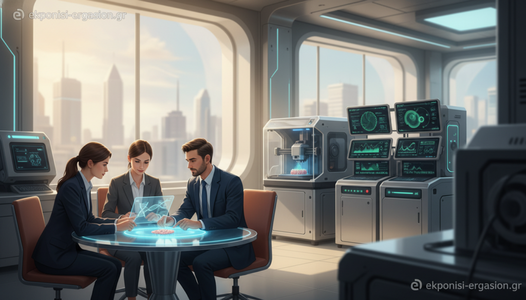 A high-tech laboratory scene illustrating "Biomedical Technology" in a sleek, modern environment. In the foreground, a diverse group of scientists in professional business attire is engaged in collaborative research, analyzing data on digital tablets. The middle ground features advanced biomedical equipment, such as a 3D bioprinter and gene sequencing machines, with glowing screens displaying complex data trajectories. The background shows large windows allowing natural light to flood the room, illuminating the high-tech atmosphere. The overall mood is innovative and focused, embodying progress in medical diagnostics and treatments. Capture this image with a soft focus lens effect to create a warm and inviting ambiance. Branding elements from "ekponisi-ergasion.gr" subtly integrated into the lab design without being the focal point. A high-tech laboratory scene illustrating "Biomedical Technology" in a sleek, modern environment. In the foreground, a diverse group of scientists in professional business attire is engaged in collaborative research, analyzing data on digital tablets. The middle ground features advanced biomedical equipment, such as a 3D bioprinter and gene sequencing machines, with glowing screens displaying complex data trajectories. The background shows large windows allowing natural light to flood the room, illuminating the high-tech atmosphere. The overall mood is innovative and focused, embodying progress in medical diagnostics and treatments. Capture this image with a soft focus lens effect to create a warm and inviting ambiance. Branding elements from "ekponisi-ergasion.gr" subtly integrated into the lab design without being the focal point.