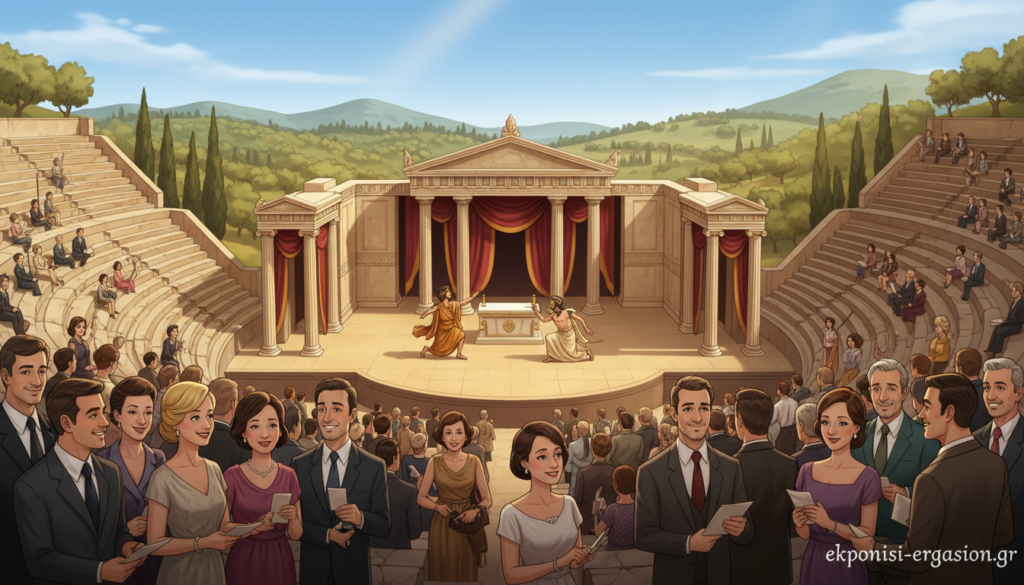 A historic amphitheater during the Epidaurus Festival, bathed in soft golden sunlight. The foreground features elegantly dressed theatergoers in professional attire, gathered in anticipation. In the middle ground, a stage set with classical Greek elements like marble columns and ornate drapery showcases a dynamic performance of ancient drama. The background reveals lush green hills under a clear blue sky, creating a serene yet vibrant atmosphere. The composition is captured from a slightly elevated angle to encompass both the audience and the stage in view, highlighting the cultural significance of the festival. The mood is one of celebration and reverence for the arts, embodying the revival of ancient drama in modern times, reflecting the essence of "ekponisi-ergasion.gr". A historic amphitheater during the Epidaurus Festival, bathed in soft golden sunlight. The foreground features elegantly dressed theatergoers in professional attire, gathered in anticipation. In the middle ground, a stage set with classical Greek elements like marble columns and ornate drapery showcases a dynamic performance of ancient drama. The background reveals lush green hills under a clear blue sky, creating a serene yet vibrant atmosphere. The composition is captured from a slightly elevated angle to encompass both the audience and the stage in view, highlighting the cultural significance of the festival. The mood is one of celebration and reverence for the arts, embodying the revival of ancient drama in modern times, reflecting the essence of "ekponisi-ergasion.gr".