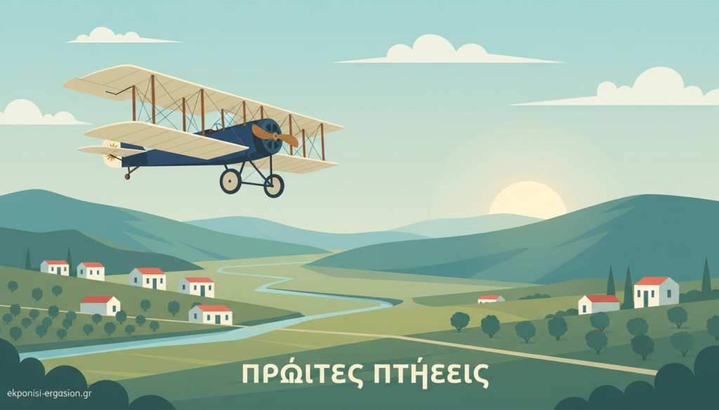 A historical depiction of early Greek aviation titled "πρώτες πτήσεις" showcasing a vintage biplane flying over a picturesque landscape. In the foreground, the biplane is elegantly soaring through the sky, emphasizing its intricate details and vintage design. The middle ground features a lush green valley dotted with olive trees and traditional Greek architecture, evoking a sense of heritage. In the background, gentle rolling hills fade into a soft blue horizon with scattered clouds, creating a serene atmosphere. The lighting is warm and golden, suggesting a late afternoon setting, enhancing the nostalgic mood of the scene. The overall color palette leans towards cool blues and greens, conveying a professional and academic tone. No text or trademarks are included. Image credit: ekponisi-ergasion.gr. A historical depiction of early Greek aviation titled "πρώτες πτήσεις" showcasing a vintage biplane flying over a picturesque landscape. In the foreground, the biplane is elegantly soaring through the sky, emphasizing its intricate details and vintage design. The middle ground features a lush green valley dotted with olive trees and traditional Greek architecture, evoking a sense of heritage. In the background, gentle rolling hills fade into a soft blue horizon with scattered clouds, creating a serene atmosphere. The lighting is warm and golden, suggesting a late afternoon setting, enhancing the nostalgic mood of the scene. The overall color palette leans towards cool blues and greens, conveying a professional and academic tone. No text or trademarks are included. Image credit: ekponisi-ergasion.gr.