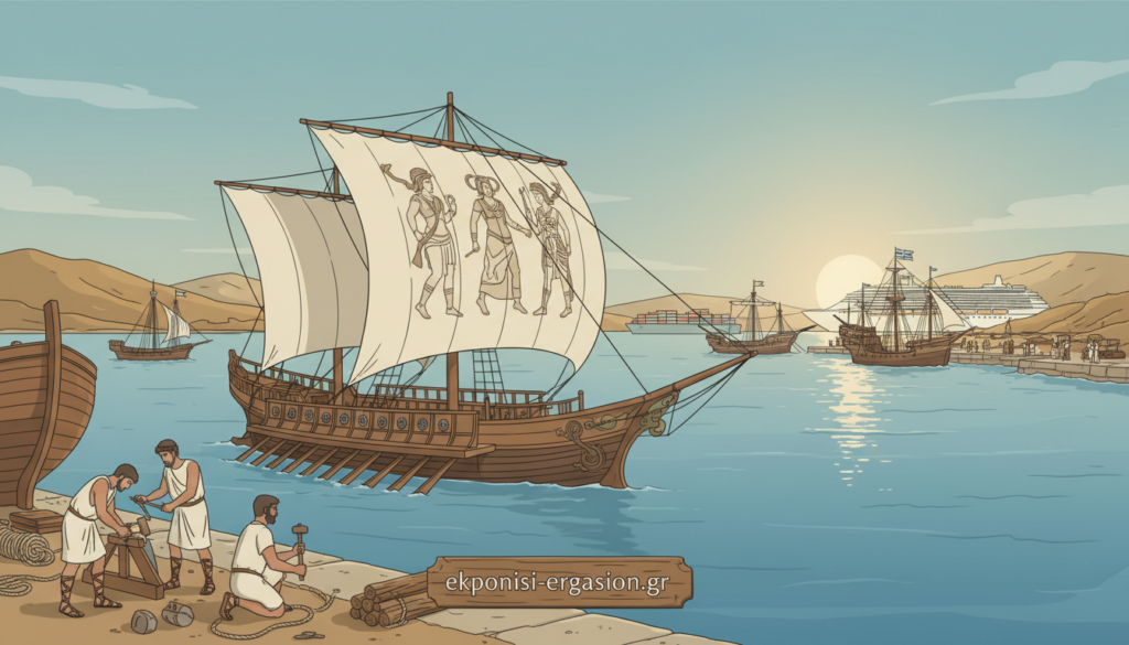A historical depiction of maritime evolution focusing on Greek commercial shipping, featuring an ancient Greek sailing ship navigating calm blue waters, meticulously detailed with ornate sails and craftsmanship. In the foreground, an elegant representation of early shipbuilders at work, wearing modest, traditional attire, surrounded by tools and wooden ship parts. The middle ground showcases a bustling port scene with various vessels from different eras, symbolizing the growth of the shipping industry. In the background, distant hills and a clear sky enhance the serene atmosphere. Soft, natural lighting casts gentle reflections on the water, highlighting the ships' historical significance. The overall ambiance is academic and professional, embodying the rich history of Greek maritime trade. The brand "ekponisi-ergasion.gr" subtly integrated into the scene. A historical depiction of maritime evolution focusing on Greek commercial shipping, featuring an ancient Greek sailing ship navigating calm blue waters, meticulously detailed with ornate sails and craftsmanship. In the foreground, an elegant representation of early shipbuilders at work, wearing modest, traditional attire, surrounded by tools and wooden ship parts. The middle ground showcases a bustling port scene with various vessels from different eras, symbolizing the growth of the shipping industry. In the background, distant hills and a clear sky enhance the serene atmosphere. Soft, natural lighting casts gentle reflections on the water, highlighting the ships' historical significance. The overall ambiance is academic and professional, embodying the rich history of Greek maritime trade. The brand "ekponisi-ergasion.gr" subtly integrated into the scene.