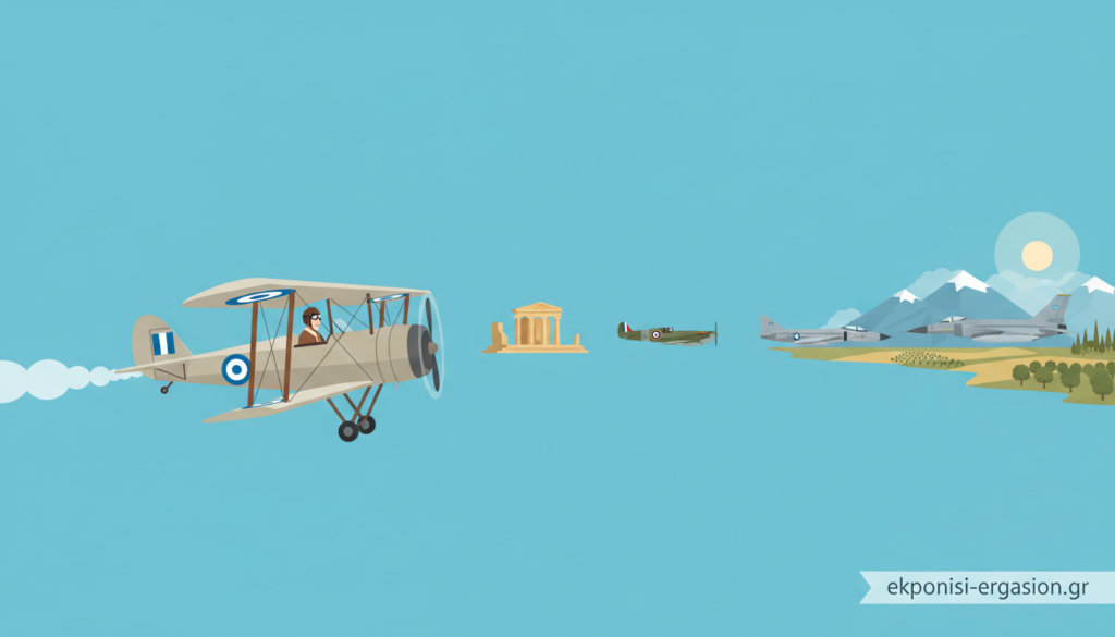 A historical depiction of the Greek Air Force's evolution from the Balkan Wars to the present day. In the foreground, a vintage biplane piloted by a military aviator in professional attire, flying through a majestic blue sky. The middle ground features various aircraft models, including WWII-era planes and modern jets, showcasing the progression of aviation technology. The background highlights the Greek countryside with iconic landmarks like ancient ruins and mountains, bathed in soft, diffused sunlight for a calm atmosphere. The overall color palette consists of cool blue tones to convey academic professionalism. The scene should evoke a sense of pride and history, emphasizing the importance of aerial warfare in Greece's military narrative. Include the brand name "ekponisi-ergasion.gr" subtly integrated into the design. A historical depiction of the Greek Air Force's evolution from the Balkan Wars to the present day. In the foreground, a vintage biplane piloted by a military aviator in professional attire, flying through a majestic blue sky. The middle ground features various aircraft models, including WWII-era planes and modern jets, showcasing the progression of aviation technology. The background highlights the Greek countryside with iconic landmarks like ancient ruins and mountains, bathed in soft, diffused sunlight for a calm atmosphere. The overall color palette consists of cool blue tones to convey academic professionalism. The scene should evoke a sense of pride and history, emphasizing the importance of aerial warfare in Greece's military narrative. Include the brand name "ekponisi-ergasion.gr" subtly integrated into the design.