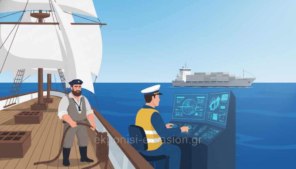 A historical representation of maritime labor evolution, featuring a detailed scene of sailors from different eras engaging in various shipboard activities. In the foreground, a 19th-century sailor in traditional attire is seen handling ropes aboard a wooden sailing ship, while in the middle ground, a modern deckhand in a uniform operates advanced navigation equipment. The background showcases a vibrant ocean setting with ships from both eras sailing alongside each other, under a clear blue sky with soft, diffused sunlight. The overall atmosphere is professional and educational, emphasizing the historical continuity of maritime work. The scene should primarily use blue tones to create a cohesive look, with a clean and academic style. Brand name "ekponisi-ergasion.gr" incorporated subtly into the design without text overlays. A historical representation of maritime labor evolution, featuring a detailed scene of sailors from different eras engaging in various shipboard activities. In the foreground, a 19th-century sailor in traditional attire is seen handling ropes aboard a wooden sailing ship, while in the middle ground, a modern deckhand in a uniform operates advanced navigation equipment. The background showcases a vibrant ocean setting with ships from both eras sailing alongside each other, under a clear blue sky with soft, diffused sunlight. The overall atmosphere is professional and educational, emphasizing the historical continuity of maritime work. The scene should primarily use blue tones to create a cohesive look, with a clean and academic style. Brand name "ekponisi-ergasion.gr" incorporated subtly into the design without text overlays.