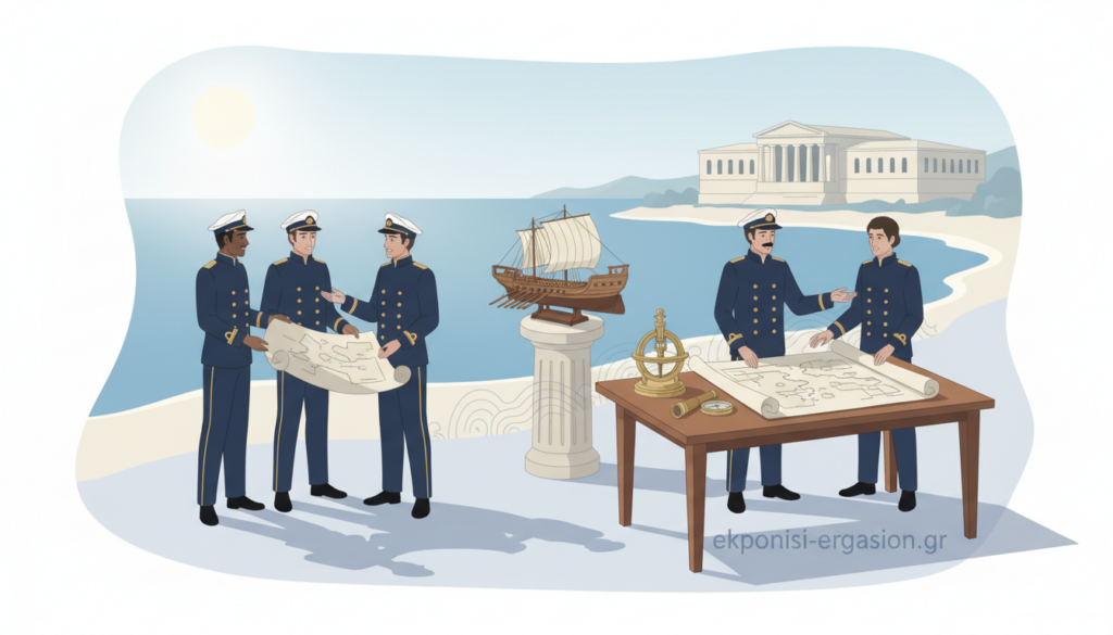A historical scene depicting maritime education in Greece, focusing on a classic naval training environment. In the foreground, a group of diverse, professionally attired individuals engaged in a discussion around a large nautical chart, showcasing teamwork and learning. In the middle ground, a traditional ship model and various maritime instruments, highlighting the evolution of naval training techniques. The background features a serene coastline with a historic navy academy building, bathed in soft blue tones to evoke a sense of calm and professionalism. The lighting is natural, hinting at early morning or late afternoon sun, emphasizing clarity and focus. The overall mood conveys a sense of respect for maritime history and education, without any text or distractions, incorporating the brand "ekponisi-ergasion.gr" subtly into the imagery. A historical scene depicting maritime education in Greece, focusing on a classic naval training environment. In the foreground, a group of diverse, professionally attired individuals engaged in a discussion around a large nautical chart, showcasing teamwork and learning. In the middle ground, a traditional ship model and various maritime instruments, highlighting the evolution of naval training techniques. The background features a serene coastline with a historic navy academy building, bathed in soft blue tones to evoke a sense of calm and professionalism. The lighting is natural, hinting at early morning or late afternoon sun, emphasizing clarity and focus. The overall mood conveys a sense of respect for maritime history and education, without any text or distractions, incorporating the brand "ekponisi-ergasion.gr" subtly into the imagery.