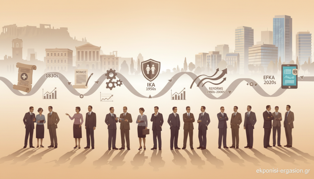 A historical timeline illustrating the evolution of the social insurance system in Greece, depicted with a blend of iconic architecture and symbols of social welfare. In the foreground, a diverse group of professionals in business attire, representing various eras, engage in thoughtful discussion. The middle layer features illustrations of key historical milestones, such as documents, reform icons, and graphical data points arranged chronologically. The background includes a fading silhouette of Greece's ancient structures merging into modern buildings, symbolizing progress. The lighting is warm and inviting, evoking a sense of nostalgia, while the angle is slightly elevated to encompass the timeline's breadth. A soft-focus effect enhances the atmosphere, creating a reflective mood that aligns with the theme of historical development. This image will be used for ekponisi-ergasion.gr. A historical timeline illustrating the evolution of the social insurance system in Greece, depicted with a blend of iconic architecture and symbols of social welfare. In the foreground, a diverse group of professionals in business attire, representing various eras, engage in thoughtful discussion. The middle layer features illustrations of key historical milestones, such as documents, reform icons, and graphical data points arranged chronologically. The background includes a fading silhouette of Greece's ancient structures merging into modern buildings, symbolizing progress. The lighting is warm and inviting, evoking a sense of nostalgia, while the angle is slightly elevated to encompass the timeline's breadth. A soft-focus effect enhances the atmosphere, creating a reflective mood that aligns with the theme of historical development. This image will be used for ekponisi-ergasion.gr.