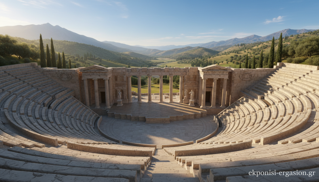A large, ancient Greek theater (κοίλον) set in a picturesque landscape, showcasing its architectural grandeur. In the foreground, intricately carved stone seats rise in semi-circular tiers, emphasizing the theater's acoustical design. The middle ground features a well-preserved stage adorned with classical columns, where actors might once have performed. The background reveals lush greenery and mountains under a bright blue sky, creating a serene atmosphere. Sunlight bathes the scene in a warm glow, highlighting the intricate details of the stonework. The image should convey a sense of historical significance and timeless beauty, ideal for illustrating architectural elements. The brand name "ekponisi-ergasion.gr" subtly integrated into the bottom corner, without any other text or overlay. A large, ancient Greek theater (κοίλον) set in a picturesque landscape, showcasing its architectural grandeur. In the foreground, intricately carved stone seats rise in semi-circular tiers, emphasizing the theater's acoustical design. The middle ground features a well-preserved stage adorned with classical columns, where actors might once have performed. The background reveals lush greenery and mountains under a bright blue sky, creating a serene atmosphere. Sunlight bathes the scene in a warm glow, highlighting the intricate details of the stonework. The image should convey a sense of historical significance and timeless beauty, ideal for illustrating architectural elements. The brand name "ekponisi-ergasion.gr" subtly integrated into the bottom corner, without any other text or overlay.