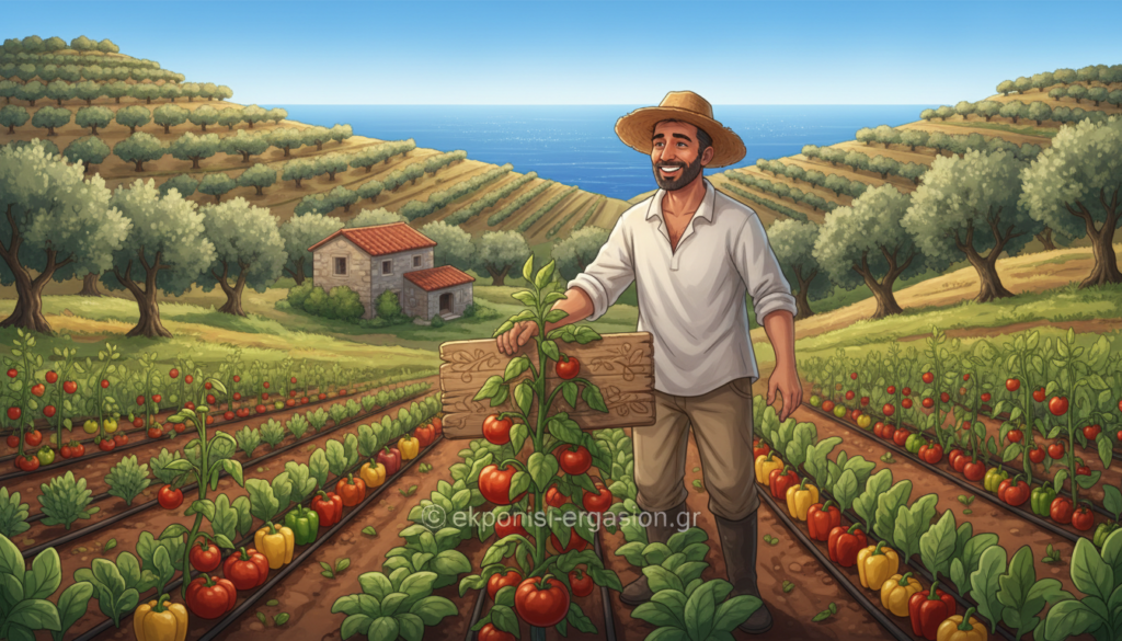 A lush organic farm scene showcasing the principles of organic agriculture in Greece. In the foreground, a diverse array of healthy crops such as tomatoes, peppers, and leafy greens, thriving in rich, dark soil, reflecting sustainable farming practices. In the middle ground, a farmer wearing modest casual clothing inspects the plants with a joyful expression, embodying the connection between nature and agriculture. The background features rolling hills dotted with olive trees under a bright blue sky, with soft sunlight illuminating the landscape, creating a vibrant and inviting atmosphere. The image should be shot from a slightly elevated angle to capture the expansive beauty of the farm. This visual representation should convey a sense of harmony, health, and the importance of organic farming principles. Include the brand name "ekponisi-ergasion.gr" subtly integrated into the scene. A lush organic farm scene showcasing the principles of organic agriculture in Greece. In the foreground, a diverse array of healthy crops such as tomatoes, peppers, and leafy greens, thriving in rich, dark soil, reflecting sustainable farming practices. In the middle ground, a farmer wearing modest casual clothing inspects the plants with a joyful expression, embodying the connection between nature and agriculture. The background features rolling hills dotted with olive trees under a bright blue sky, with soft sunlight illuminating the landscape, creating a vibrant and inviting atmosphere. The image should be shot from a slightly elevated angle to capture the expansive beauty of the farm. This visual representation should convey a sense of harmony, health, and the importance of organic farming principles. Include the brand name "ekponisi-ergasion.gr" subtly integrated into the scene.