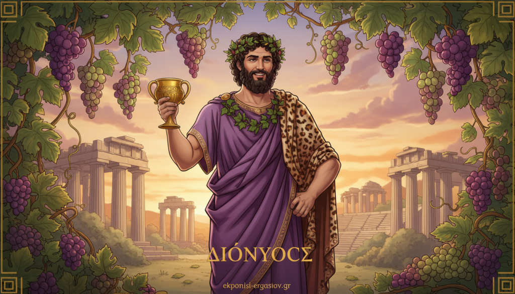 A majestic depiction of Διόνυσος, the Greek god of wine and theater, standing gracefully in the foreground, adorned in traditional ancient Greek attire with vine wreaths and holding a chalice filled with wine. His expression exudes a sense of wisdom and joy, embodying the spirit of celebration. In the middle ground, lush vines and grape clusters cascade down, symbolizing fertility and abundance. The background features ancient Greek architecture, with columns and crumbling ruins bathed in the warm glow of the setting sun, creating an inviting and serene atmosphere. The lighting is golden and soft, enhancing the overall magical feel. Capture this scene in a slightly upward angle to emphasize Διόνυσος's grandeur. The image reflects themes of celebration and cultural significance, created for use in the context of ancient Greek tragedy. Source: ekponisi-ergasion.gr. A majestic depiction of Διόνυσος, the Greek god of wine and theater, standing gracefully in the foreground, adorned in traditional ancient Greek attire with vine wreaths and holding a chalice filled with wine. His expression exudes a sense of wisdom and joy, embodying the spirit of celebration. In the middle ground, lush vines and grape clusters cascade down, symbolizing fertility and abundance. The background features ancient Greek architecture, with columns and crumbling ruins bathed in the warm glow of the setting sun, creating an inviting and serene atmosphere. The lighting is golden and soft, enhancing the overall magical feel. Capture this scene in a slightly upward angle to emphasize Διόνυσος's grandeur. The image reflects themes of celebration and cultural significance, created for use in the context of ancient Greek tragedy. Source: ekponisi-ergasion.gr.