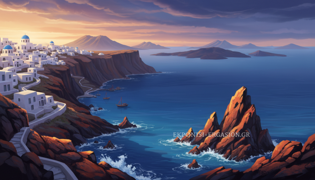 A mesmerizing view of the volcanic landscapes of the Aegean Sea, showcasing the rugged cliffs and dramatic geological formations of Greek islands. In the foreground, sharp lava rock formations jut out from the sea, illuminated by the warm golden light of a sunset. The middle ground features the iconic white-washed buildings of Santorini perched on cliff edges, surrounded by deep blue waters. In the background, distant volcanic islands rise under a colorful sky, hinting at their geologic history. The atmosphere conveys a sense of awe and tranquility, evoking the power and beauty of nature. Use a wide-angle lens to capture the expansive view, with soft, natural lighting that enhances the colors of the landscape. The image is for ekponisi-ergasion.gr. A mesmerizing view of the volcanic landscapes of the Aegean Sea, showcasing the rugged cliffs and dramatic geological formations of Greek islands. In the foreground, sharp lava rock formations jut out from the sea, illuminated by the warm golden light of a sunset. The middle ground features the iconic white-washed buildings of Santorini perched on cliff edges, surrounded by deep blue waters. In the background, distant volcanic islands rise under a colorful sky, hinting at their geologic history. The atmosphere conveys a sense of awe and tranquility, evoking the power and beauty of nature. Use a wide-angle lens to capture the expansive view, with soft, natural lighting that enhances the colors of the landscape. The image is for ekponisi-ergasion.gr.