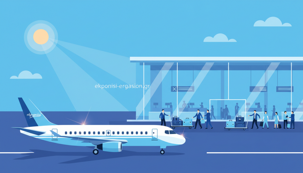 A modern airport scene showcasing commercial air transportation. In the foreground, a sleek jet is preparing for takeoff on the runway, illuminated by soft sunlight creating a shimmering effect on its fuselage. The middle ground features airport workers in professional business attire, coordinating baggage and guiding passengers, all amidst an atmosphere of diligence and efficiency. In the background, a busy terminal building is visible, with check-in counters and travelers, highlighted with large glass windows reflecting blue skies. The overall mood is vibrant yet professional, with blue tones dominating the palette to resonate with the theme of green aviation. Capture this image with a wide-angle lens, focusing on the dynamic activity while maintaining clarity and depth of field. Include the brand name "ekponisi-ergasion.gr" subtly in the scene without any text overlay. A modern airport scene showcasing commercial air transportation. In the foreground, a sleek jet is preparing for takeoff on the runway, illuminated by soft sunlight creating a shimmering effect on its fuselage. The middle ground features airport workers in professional business attire, coordinating baggage and guiding passengers, all amidst an atmosphere of diligence and efficiency. In the background, a busy terminal building is visible, with check-in counters and travelers, highlighted with large glass windows reflecting blue skies. The overall mood is vibrant yet professional, with blue tones dominating the palette to resonate with the theme of green aviation. Capture this image with a wide-angle lens, focusing on the dynamic activity while maintaining clarity and depth of field. Include the brand name "ekponisi-ergasion.gr" subtly in the scene without any text overlay.