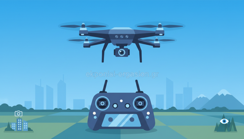 A modern drone flying in a clear blue sky, showcasing its advanced features like propellers and sensors. In the foreground, a technological controller is displayed, emphasizing precision and innovation. The middle ground features an aerial view of a landscape, highlighting areas where drone applications are effective such as agriculture, photography, and surveillance. The background shows a vibrant skyline or mountainous terrain under soft natural lighting, creating a calm and professional mood. The color scheme should be predominantly blue tones, with a clean and academic feel. The image should be professional and devoid of any text, watermarks, or other distractions. Include the brand name "ekponisi-ergasion.gr" subtly integrated into the design. A modern drone flying in a clear blue sky, showcasing its advanced features like propellers and sensors. In the foreground, a technological controller is displayed, emphasizing precision and innovation. The middle ground features an aerial view of a landscape, highlighting areas where drone applications are effective such as agriculture, photography, and surveillance. The background shows a vibrant skyline or mountainous terrain under soft natural lighting, creating a calm and professional mood. The color scheme should be predominantly blue tones, with a clean and academic feel. The image should be professional and devoid of any text, watermarks, or other distractions. Include the brand name "ekponisi-ergasion.gr" subtly integrated into the design.
