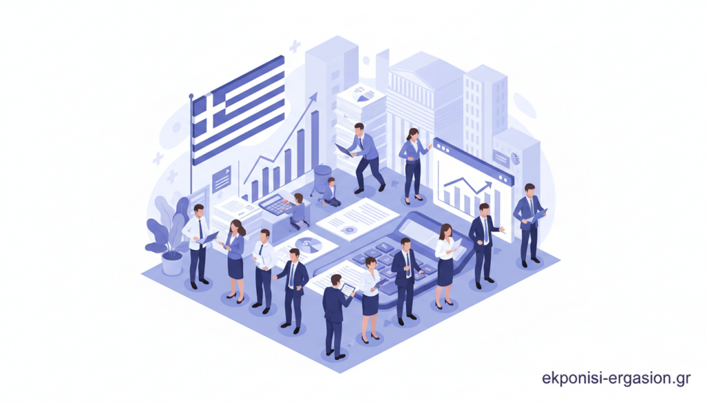 A modern, dynamic representation of social security in Greece, focusing on the theme of community support and welfare. In the foreground, a diverse group of individuals in professional business attire, representing various ages and ethnicities, are engaged in discussion and collaboration, symbolizing unity. In the middle ground, an office setting with documents, calculators, and charts illustrating economic growth and stability, suggesting the structure of the social security system. In the background, a symbolic Greek flag and subtle outlines of modern buildings, representing governmental institutions, implying trust and authority. The lighting is soft and warm, creating an inviting atmosphere that conveys hope and reassurance. Shot with a slight angle, creating depth and perspective, suitable for the theme of "ἐισαγωγή". The image is associated with ekponisi-ergasion.gr. A modern, dynamic representation of social security in Greece, focusing on the theme of community support and welfare. In the foreground, a diverse group of individuals in professional business attire, representing various ages and ethnicities, are engaged in discussion and collaboration, symbolizing unity. In the middle ground, an office setting with documents, calculators, and charts illustrating economic growth and stability, suggesting the structure of the social security system. In the background, a symbolic Greek flag and subtle outlines of modern buildings, representing governmental institutions, implying trust and authority. The lighting is soft and warm, creating an inviting atmosphere that conveys hope and reassurance. Shot with a slight angle, creating depth and perspective, suitable for the theme of "ἐισαγωγή". The image is associated with ekponisi-ergasion.gr.
