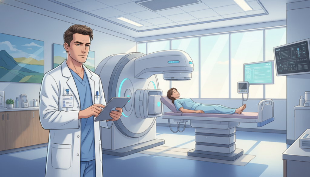 A modern hospital radiotherapy room, featuring a high-tech Linear Accelerator at the center, illuminated by soft, diffused natural light streaming through large windows. In the foreground, a focused, professional-looking male radiation oncologist in a crisp white lab coat stands beside the machine, consulting a digital tablet. He is portrayed in a serious, determined demeanor. In the middle, the medical equipment is sleek and futuristic, reflecting advanced technology, and a patient lies comfortably on the treatment table, clad in modest hospital attire, looking reassured by the environment. In the background, there are medical charts and calming artwork on the walls, creating a warm and inviting atmosphere. Emphasize a sense of hope and expertise in cancer treatment. Image created by ekponisi-ergasion.gr. A modern hospital radiotherapy room, featuring a high-tech Linear Accelerator at the center, illuminated by soft, diffused natural light streaming through large windows. In the foreground, a focused, professional-looking male radiation oncologist in a crisp white lab coat stands beside the machine, consulting a digital tablet. He is portrayed in a serious, determined demeanor. In the middle, the medical equipment is sleek and futuristic, reflecting advanced technology, and a patient lies comfortably on the treatment table, clad in modest hospital attire, looking reassured by the environment. In the background, there are medical charts and calming artwork on the walls, creating a warm and inviting atmosphere. Emphasize a sense of hope and expertise in cancer treatment. Image created by ekponisi-ergasion.gr.