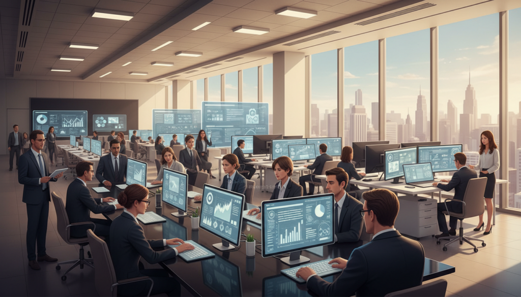 A modern insurtech office scene showcasing the digital transformation of the insurance industry. In the foreground, a diverse group of professionals in business attire collaborate around a sleek, high-tech table with digital devices displaying analytics and insurance data. The middle layer features an open, bright workspace with large windows letting in natural light and screens displaying innovative insurance technologies. The background includes a city skyline visible through the glass, symbolizing growth and modernization. Use a warm, inviting lighting scheme to create an optimistic atmosphere, captured from a slightly elevated angle to emphasize the dynamic work environment. Include subtle branding of "ekponisi-ergasion.gr" on the digital screens. A modern insurtech office scene showcasing the digital transformation of the insurance industry. In the foreground, a diverse group of professionals in business attire collaborate around a sleek, high-tech table with digital devices displaying analytics and insurance data. The middle layer features an open, bright workspace with large windows letting in natural light and screens displaying innovative insurance technologies. The background includes a city skyline visible through the glass, symbolizing growth and modernization. Use a warm, inviting lighting scheme to create an optimistic atmosphere, captured from a slightly elevated angle to emphasize the dynamic work environment. Include subtle branding of "ekponisi-ergasion.gr" on the digital screens.