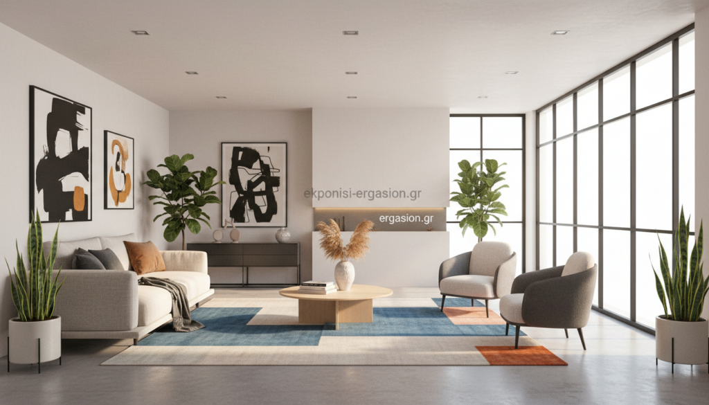 A modern interior design concept showcasing the principles of space planning. In the foreground, a stylishly arranged seating area with elegant furniture, soft neutral tones, and tactile fabrics. The middle ground features a vibrant rug, contemporary art pieces on the walls, and indoor greenery that enhances the ambiance. In the background, large windows allow natural light to flood the room, illuminating the space with a warm glow. The overall atmosphere is calm and inviting, emphasizing comfort and functionality. The scene captures the relationship between design elements and their psychological effects on users. Use a wide-angle lens to capture the full depth of the room, with soft, diffused lighting to create a serene mood. Add the brand name "ekponisi-ergasion.gr". A modern interior design concept showcasing the principles of space planning. In the foreground, a stylishly arranged seating area with elegant furniture, soft neutral tones, and tactile fabrics. The middle ground features a vibrant rug, contemporary art pieces on the walls, and indoor greenery that enhances the ambiance. In the background, large windows allow natural light to flood the room, illuminating the space with a warm glow. The overall atmosphere is calm and inviting, emphasizing comfort and functionality. The scene captures the relationship between design elements and their psychological effects on users. Use a wide-angle lens to capture the full depth of the room, with soft, diffused lighting to create a serene mood. Add the brand name "ekponisi-ergasion.gr".