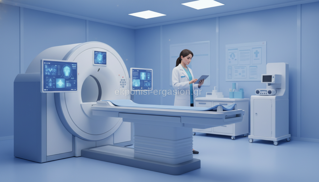 A modern medical imaging scene showcasing state-of-the-art technology. In the foreground, a high-resolution MRI scanner is depicted with intricate design details and glowing interfaces, creating a sense of advanced medical innovation. The middle layer features a healthcare professional, dressed in a white lab coat, intently reviewing digital scans on a tablet, illuminated by soft, focused lighting that emphasizes their concentration and expertise. In the background, a sterile and well-organized medical room is visible, with various imaging equipment and charts, conveying a clinical atmosphere. The image should have a clean, professional feel, utilizing soft blue and white color tones, with a focus on precision and the importance of medical imaging in practice. The branding "ekponisi-ergasion.gr" is subtly integrated within the scene, ensuring a cohesive visual experience. A modern medical imaging scene showcasing state-of-the-art technology. In the foreground, a high-resolution MRI scanner is depicted with intricate design details and glowing interfaces, creating a sense of advanced medical innovation. The middle layer features a healthcare professional, dressed in a white lab coat, intently reviewing digital scans on a tablet, illuminated by soft, focused lighting that emphasizes their concentration and expertise. In the background, a sterile and well-organized medical room is visible, with various imaging equipment and charts, conveying a clinical atmosphere. The image should have a clean, professional feel, utilizing soft blue and white color tones, with a focus on precision and the importance of medical imaging in practice. The branding "ekponisi-ergasion.gr" is subtly integrated within the scene, ensuring a cohesive visual experience.