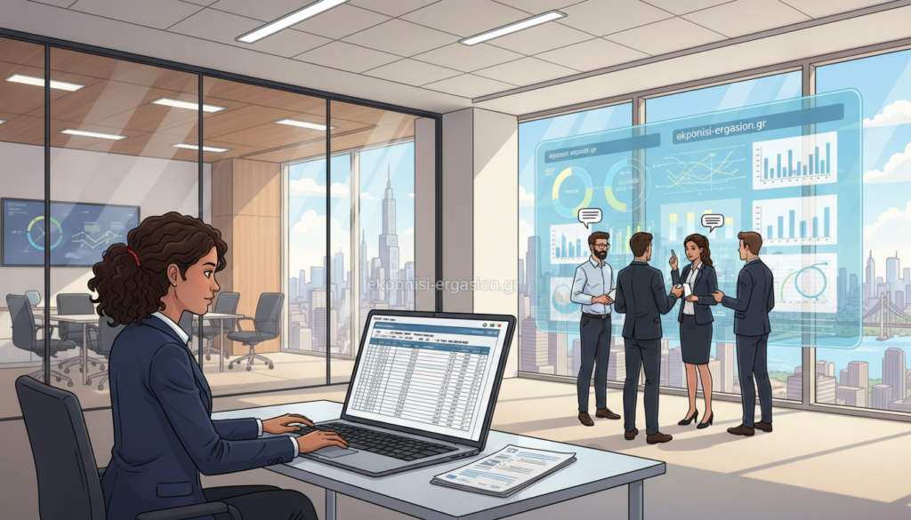 A modern office environment featuring a diverse group of professionals engaged in data analysis. In the foreground, a female data analyst in business attire is focused on a laptop displaying complex graphs and spreadsheets. The middle ground showcases a large interactive touchscreen board with colorful data visualizations and charts. Colleagues of varying ethnic backgrounds are peering at the board, contributing ideas. The background features a glass-walled conference room filled with natural light, overlooking a bustling city. The atmosphere is one of collaboration and innovation, with bright overhead lighting casting a professional glow. Emphasize clarity and organization, capturing the essence of data analysis in a business setting. Include the brand name "ekponisi-ergasion.gr" subtly integrated into the elements of the office. A modern office environment featuring a diverse group of professionals engaged in data analysis. In the foreground, a female data analyst in business attire is focused on a laptop displaying complex graphs and spreadsheets. The middle ground showcases a large interactive touchscreen board with colorful data visualizations and charts. Colleagues of varying ethnic backgrounds are peering at the board, contributing ideas. The background features a glass-walled conference room filled with natural light, overlooking a bustling city. The atmosphere is one of collaboration and innovation, with bright overhead lighting casting a professional glow. Emphasize clarity and organization, capturing the essence of data analysis in a business setting. Include the brand name "ekponisi-ergasion.gr" subtly integrated into the elements of the office.