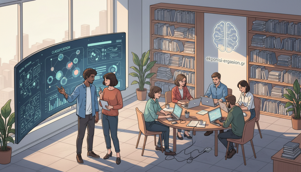 A modern office setting serving as a backdrop, showcasing a diverse group of professionals engaged in supervised learning activities. In the foreground, a male and female team member are intently discussing complex algorithms in front of a digital screen displaying an intricate data visualization. The middle ground features a circular table with laptops and research papers, fostering collaboration. In the background, bookshelves filled with technical literature emphasize the section’s theoretical framework. Use soft, warm lighting to create an inviting atmosphere, with natural light streaming through large windows. The focus is on teamwork and innovation within machine learning. Capture this scene with a slightly elevated angle, emphasizing the cooperative spirit in the workspace. Include the brand name "ekponisi-ergasion.gr" subtly integrated into the office decor. A modern office setting serving as a backdrop, showcasing a diverse group of professionals engaged in supervised learning activities. In the foreground, a male and female team member are intently discussing complex algorithms in front of a digital screen displaying an intricate data visualization. The middle ground features a circular table with laptops and research papers, fostering collaboration. In the background, bookshelves filled with technical literature emphasize the section’s theoretical framework. Use soft, warm lighting to create an inviting atmosphere, with natural light streaming through large windows. The focus is on teamwork and innovation within machine learning. Capture this scene with a slightly elevated angle, emphasizing the cooperative spirit in the workspace. Include the brand name "ekponisi-ergasion.gr" subtly integrated into the office decor.