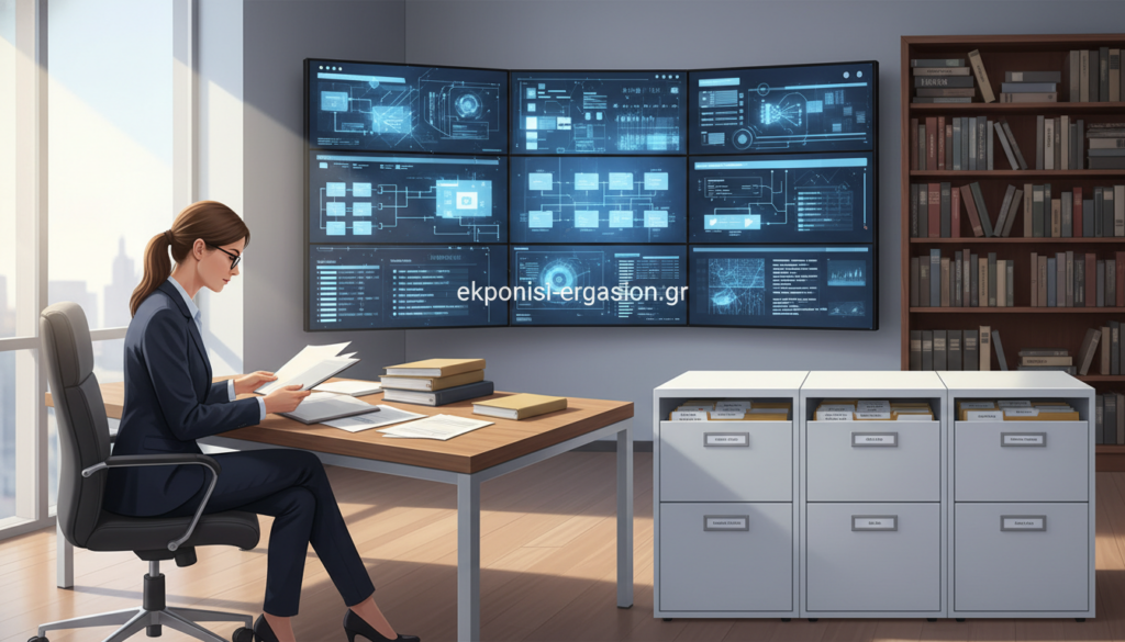 A modern office space featuring neatly organized filing cabinets overflowing with neatly labeled file folders. In the foreground, a professional dressed in business attire is examining documents on a sleek wooden desk, illuminated by soft, natural light coming through a large window. The middle ground showcases a large wall filled with digital screens displaying data management systems, emphasizing the evolution of archiving in the digital age. In the background, a bookshelf filled with books on archival practices and standards adds scholarly depth. The atmosphere should convey a sense of professionalism and order, reflecting the importance of efficient file management. High-resolution, shot with a 35mm lens to capture detail and depth. The brand name "ekponisi-ergasion.gr" should be subtly integrated into the office decor, enhancing the business context without being obstructive. A modern office space featuring neatly organized filing cabinets overflowing with neatly labeled file folders. In the foreground, a professional dressed in business attire is examining documents on a sleek wooden desk, illuminated by soft, natural light coming through a large window. The middle ground showcases a large wall filled with digital screens displaying data management systems, emphasizing the evolution of archiving in the digital age. In the background, a bookshelf filled with books on archival practices and standards adds scholarly depth. The atmosphere should convey a sense of professionalism and order, reflecting the importance of efficient file management. High-resolution, shot with a 35mm lens to capture detail and depth. The brand name "ekponisi-ergasion.gr" should be subtly integrated into the office decor, enhancing the business context without being obstructive.