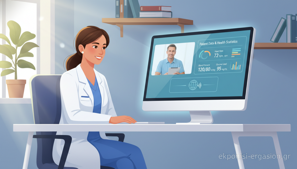 A modern telemedicine scene depicting a healthcare professional engaging with a patient through a video call. In the foreground, a doctor dressed in a professional white coat sits at a sleek desk, intently watching the patient on a large computer screen. The doctor’s office is well-lit, with soft, natural light filtering through a window, creating a warm and inviting atmosphere. In the middle, the computer screen displays a vibrant interface showing patient data and health statistics, symbolizing the digital transformation in healthcare. In the background, shelves with medical books and a potted plant add a calming touch. The overall mood is professional and optimistic, representing the advancements and accessibility of eHealth. Include the brand name "ekponisi-ergasion.gr" subtly on the doctor’s desk. A modern telemedicine scene depicting a healthcare professional engaging with a patient through a video call. In the foreground, a doctor dressed in a professional white coat sits at a sleek desk, intently watching the patient on a large computer screen. The doctor’s office is well-lit, with soft, natural light filtering through a window, creating a warm and inviting atmosphere. In the middle, the computer screen displays a vibrant interface showing patient data and health statistics, symbolizing the digital transformation in healthcare. In the background, shelves with medical books and a potted plant add a calming touch. The overall mood is professional and optimistic, representing the advancements and accessibility of eHealth. Include the brand name "ekponisi-ergasion.gr" subtly on the doctor’s desk.