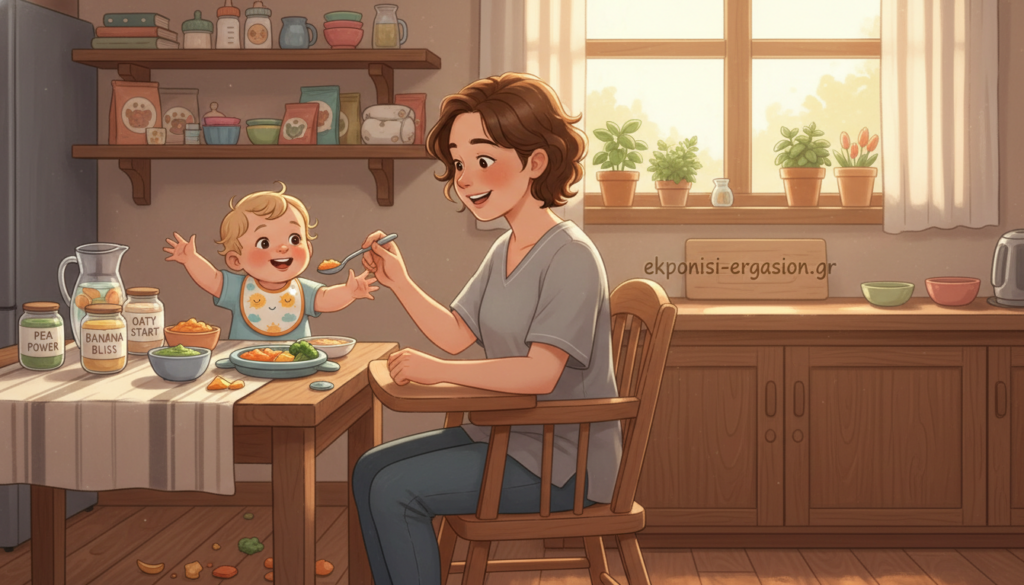 A nurturing scene depicting the concept of "infant nutrition" featuring a cozy, well-lit kitchen. In the foreground, a professional caregiver, dressed in modest casual clothing, gently feeds a happy, chubby baby sitting in a high chair. The baby is reaching for colorful, healthy foods like mashed vegetables and fruits arranged on a plate. In the middle, a table is set with various nutritious baby food options, including jars and bowls of pureed peas, bananas, and oatmeal. The background shows shelves stocked with baby supplies and a window allowing soft, natural light to illuminate the scene. The atmosphere is warm and inviting, emphasizing the importance of proper nutrition for infants. The brand name "ekponisi-ergasion.gr" is subtly included in the kitchen decor. A nurturing scene depicting the concept of "infant nutrition" featuring a cozy, well-lit kitchen. In the foreground, a professional caregiver, dressed in modest casual clothing, gently feeds a happy, chubby baby sitting in a high chair. The baby is reaching for colorful, healthy foods like mashed vegetables and fruits arranged on a plate. In the middle, a table is set with various nutritious baby food options, including jars and bowls of pureed peas, bananas, and oatmeal. The background shows shelves stocked with baby supplies and a window allowing soft, natural light to illuminate the scene. The atmosphere is warm and inviting, emphasizing the importance of proper nutrition for infants. The brand name "ekponisi-ergasion.gr" is subtly included in the kitchen decor.