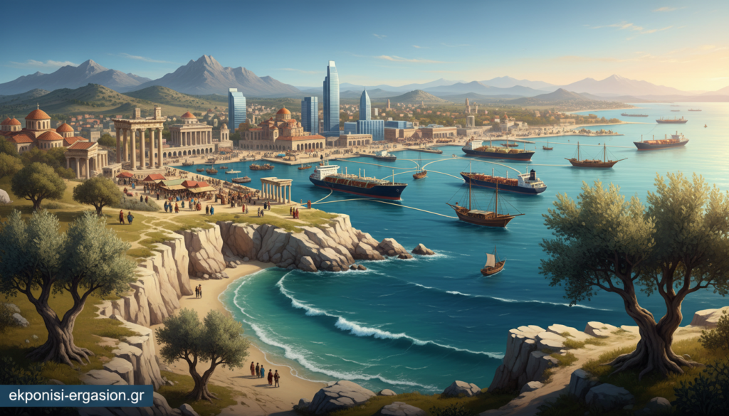 A panoramic view of the Eastern Mediterranean, showcasing its rich geopolitical significance. In the foreground, depict a serene coastline with rocky cliffs and azure waters gently lapping against them. In the middle ground, illustrate a vibrant port city bustling with ships, symbolizing energy resources and trade. Include architectural elements that reflect historical influences, such as ancient ruins mingled with modern buildings. In the background, visualize rolling hills and distant mountains under a clear, blue sky, suggesting stability and potential conflict. The lighting should be bright and inviting, creating a hopeful atmosphere. Capture this scene from a slightly elevated angle to provide depth, focusing on the interplay of land and sea while emphasizing the interconnectedness of cultures. Include elements of nature, like olive trees, to enrich the environment. All elements should communicate the strategic importance of the region. ekponisi-ergasion.gr A panoramic view of the Eastern Mediterranean, showcasing its rich geopolitical significance. In the foreground, depict a serene coastline with rocky cliffs and azure waters gently lapping against them. In the middle ground, illustrate a vibrant port city bustling with ships, symbolizing energy resources and trade. Include architectural elements that reflect historical influences, such as ancient ruins mingled with modern buildings. In the background, visualize rolling hills and distant mountains under a clear, blue sky, suggesting stability and potential conflict. The lighting should be bright and inviting, creating a hopeful atmosphere. Capture this scene from a slightly elevated angle to provide depth, focusing on the interplay of land and sea while emphasizing the interconnectedness of cultures. Include elements of nature, like olive trees, to enrich the environment. All elements should communicate the strategic importance of the region. ekponisi-ergasion.gr