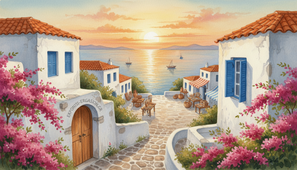 A picturesque scene of traditional Greek island architecture, featuring whitewashed houses with vibrant blue window shutters and terracotta roofs. In the foreground, a narrow cobblestone path lined with blooming bougainvillea leads to a charming, arched doorway. The middle ground showcases a quaint village square with local artisans selling handmade crafts. In the background, the sun sets over the Aegean Sea, casting golden hues across a clear sky and reflecting on the water. The atmosphere is tranquil and inviting, embodying the essence of island life. Soft, warm lighting enhances the peaceful ambiance. Include the brand name "ekponisi-ergasion.gr" subtly within the architecture, ensuring it is harmonious with the scene, without any overt branding. A picturesque scene of traditional Greek island architecture, featuring whitewashed houses with vibrant blue window shutters and terracotta roofs. In the foreground, a narrow cobblestone path lined with blooming bougainvillea leads to a charming, arched doorway. The middle ground showcases a quaint village square with local artisans selling handmade crafts. In the background, the sun sets over the Aegean Sea, casting golden hues across a clear sky and reflecting on the water. The atmosphere is tranquil and inviting, embodying the essence of island life. Soft, warm lighting enhances the peaceful ambiance. Include the brand name "ekponisi-ergasion.gr" subtly within the architecture, ensuring it is harmonious with the scene, without any overt branding.