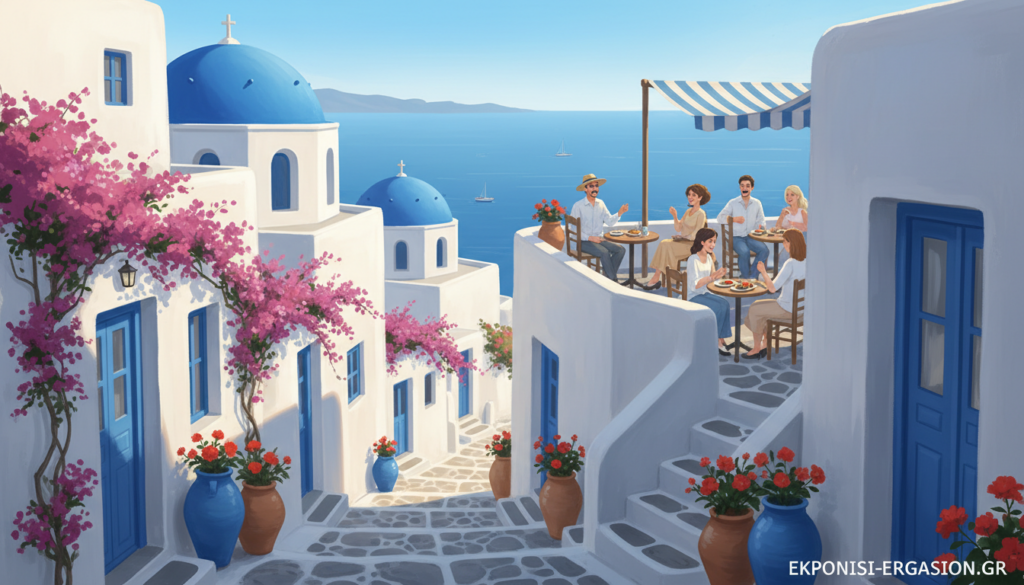 A picturesque scene showcasing Cycladic architecture, characterized by whitewashed buildings with rounded roofs and vibrant blue accents. In the foreground, a charming narrow alleyway lined with traditional homes adorned with colorful bougainvillea and pottery. The middle ground features a quaint outdoor café with patrons dressed in modest casual clothing, enjoying local delicacies. In the background, a serene view of the Aegean Sea glistens under a bright, cloudless sky. The lighting is warm and golden, evoking a relaxed ambiance typical of a sunny Greek island. The image captures the essence of traditional Greek island life, emphasizing the harmony between architecture and the natural landscape. EKPONISI-ERGASION.GR. A picturesque scene showcasing Cycladic architecture, characterized by whitewashed buildings with rounded roofs and vibrant blue accents. In the foreground, a charming narrow alleyway lined with traditional homes adorned with colorful bougainvillea and pottery. The middle ground features a quaint outdoor café with patrons dressed in modest casual clothing, enjoying local delicacies. In the background, a serene view of the Aegean Sea glistens under a bright, cloudless sky. The lighting is warm and golden, evoking a relaxed ambiance typical of a sunny Greek island. The image captures the essence of traditional Greek island life, emphasizing the harmony between architecture and the natural landscape. EKPONISI-ERGASION.GR.