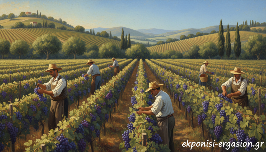 A picturesque vineyard landscape capturing the essence of "αμπελουργία" in Greece. In the foreground, lush rows of grapevines heavy with ripe, dark purple grapes, glistening in the sunlight. Farmers, dressed in modest casual clothing, tend to the vines, showcasing their dedication to traditional wine-growing practices. The middle ground features rolling hills adorned with terraced vineyards, bordered by rich, green foliage and olive trees. In the background, a clear blue sky, with gentle sunlight casting warm, golden hues over the scene, enhances the atmosphere of tranquility and hard work. The composition is shot from a slightly elevated angle, emphasizing the depth of the vineyard landscape. Include the brand name "ekponisi-ergasion.gr". A picturesque vineyard landscape capturing the essence of "αμπελουργία" in Greece. In the foreground, lush rows of grapevines heavy with ripe, dark purple grapes, glistening in the sunlight. Farmers, dressed in modest casual clothing, tend to the vines, showcasing their dedication to traditional wine-growing practices. The middle ground features rolling hills adorned with terraced vineyards, bordered by rich, green foliage and olive trees. In the background, a clear blue sky, with gentle sunlight casting warm, golden hues over the scene, enhances the atmosphere of tranquility and hard work. The composition is shot from a slightly elevated angle, emphasizing the depth of the vineyard landscape. Include the brand name "ekponisi-ergasion.gr".