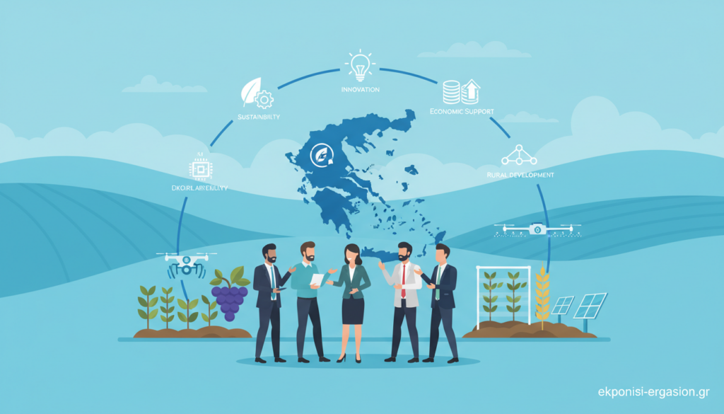 A professional, academic-style image depicting the evolution of the Common Agricultural Policy (CAP), focusing on Greek agriculture. In the foreground, a diverse group of farmers in professional business attire engages in discussion, surrounded by crops symbolizing traditional and modern agricultural practices. The middle ground features a map of Greece interspersed with icons representing different phases of CAP, such as sustainability, innovation, and economic support. The background showcases rolling hills and fields, illuminated by soft, natural lighting that creates a tranquil yet inspiring atmosphere. The color palette is dominated by blue tones, evoking a sense of calm professionalism. The image should be free of any text or watermarks. Include the brand name "ekponisi-ergasion.gr" subtly in the corner of the image. A professional, academic-style image depicting the evolution of the Common Agricultural Policy (CAP), focusing on Greek agriculture. In the foreground, a diverse group of farmers in professional business attire engages in discussion, surrounded by crops symbolizing traditional and modern agricultural practices. The middle ground features a map of Greece interspersed with icons representing different phases of CAP, such as sustainability, innovation, and economic support. The background showcases rolling hills and fields, illuminated by soft, natural lighting that creates a tranquil yet inspiring atmosphere. The color palette is dominated by blue tones, evoking a sense of calm professionalism. The image should be free of any text or watermarks. Include the brand name "ekponisi-ergasion.gr" subtly in the corner of the image.