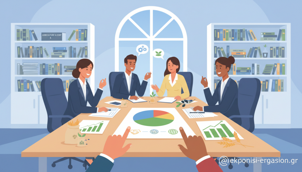 A professional and clean academic setting featuring a group of diverse individuals in business attire engaged in a discussion around a table filled with documents, graphs, and agricultural materials. The foreground shows their hands pointing at a colorful pie chart, emphasizing collaboration and international experience in the agricultural sector. In the middle ground, a large window provides natural light, illuminating their expressions as they brainstorm ideas. The background features subtle blue tones to create a calm and focused atmosphere, with shelves lined with books on agriculture and cooperation. Soft shadows cast by the window enhance the depth of the room. No text on the image, just clear visuals that signify progress and teamwork in the agricultural cooperatives in Greece. Brand name: ekponisi-ergasion.gr. A professional and clean academic setting featuring a group of diverse individuals in business attire engaged in a discussion around a table filled with documents, graphs, and agricultural materials. The foreground shows their hands pointing at a colorful pie chart, emphasizing collaboration and international experience in the agricultural sector. In the middle ground, a large window provides natural light, illuminating their expressions as they brainstorm ideas. The background features subtle blue tones to create a calm and focused atmosphere, with shelves lined with books on agriculture and cooperation. Soft shadows cast by the window enhance the depth of the room. No text on the image, just clear visuals that signify progress and teamwork in the agricultural cooperatives in Greece. Brand name: ekponisi-ergasion.gr.