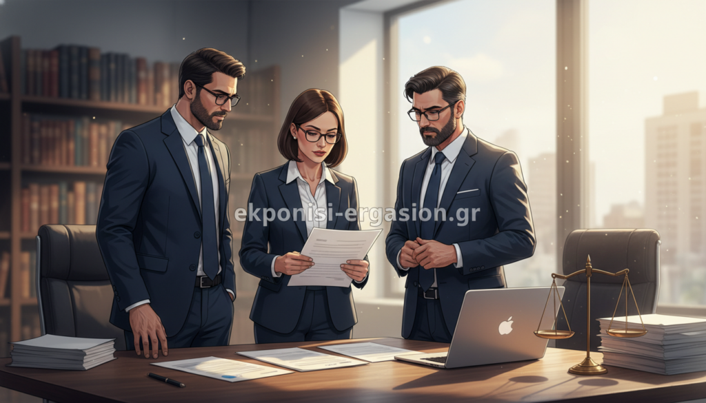 A professional and engaging scene representing "ορισμός αστικής ευθύνης". In the foreground, a diverse group of three professionals (two men and one woman) dressed in smart business attire, discussing legal documents with serious expressions. The middle ground features a textured wooden table covered with papers, a laptop, and a scale symbolizing justice. In the background, a blurred image of law books on shelves and a large window letting in warm, natural light, casting soft shadows. The atmosphere is focused and serious, conveying the importance of understanding civil liability in the context of insurance. The setting is a modern office space with a sleek design. Brand name “ekponisi-ergasion.gr” prominently displayed on a document in the foreground. A professional and engaging scene representing "ορισμός αστικής ευθύνης". In the foreground, a diverse group of three professionals (two men and one woman) dressed in smart business attire, discussing legal documents with serious expressions. The middle ground features a textured wooden table covered with papers, a laptop, and a scale symbolizing justice. In the background, a blurred image of law books on shelves and a large window letting in warm, natural light, casting soft shadows. The atmosphere is focused and serious, conveying the importance of understanding civil liability in the context of insurance. The setting is a modern office space with a sleek design. Brand name “ekponisi-ergasion.gr” prominently displayed on a document in the foreground.