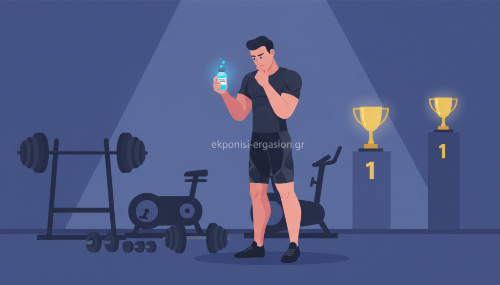 A professional athlete in a sleek, modern gym setting, striking a contemplative pose as they examine a vial containing performance-enhancing substances, symbolizing the ethical dilemmas of doping in sports. In the foreground, the athlete is dressed in a fitted, dark athletic outfit that maintains a professional aesthetic. The middle ground features various sports equipment, suggesting an intense training environment. In the background, blue-toned lights create a cool, somber atmosphere, with blurred images of trophies representing athletic success. The scene is illuminated with soft, diffused lighting to evoke a sense of introspection. Capture this moment with a wide-angle lens, focusing on the athlete to convey the gravity of doping in modern sports. No text or watermarks to disrupt the visual narrative. Brand name: ekponisi-ergasion.gr. A professional athlete in a sleek, modern gym setting, striking a contemplative pose as they examine a vial containing performance-enhancing substances, symbolizing the ethical dilemmas of doping in sports. In the foreground, the athlete is dressed in a fitted, dark athletic outfit that maintains a professional aesthetic. The middle ground features various sports equipment, suggesting an intense training environment. In the background, blue-toned lights create a cool, somber atmosphere, with blurred images of trophies representing athletic success. The scene is illuminated with soft, diffused lighting to evoke a sense of introspection. Capture this moment with a wide-angle lens, focusing on the athlete to convey the gravity of doping in modern sports. No text or watermarks to disrupt the visual narrative. Brand name: ekponisi-ergasion.gr.