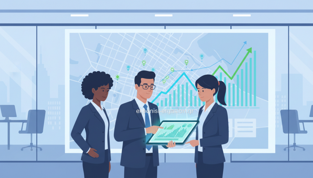 A professional business setting displaying an analysis of the economic impact of major sporting events, focusing on the Olympic Games. In the foreground, a diverse group of three professionals dressed in smart business attire, one pointing at a digital tablet showing data charts. In the middle ground, a large map of a city marked with Olympic venues, overlaid with financial graphs. The background features an office with glass walls and blue tones, suggesting a corporate environment. Ambient lighting creates a focus on the subjects while soft light highlights the context. The atmosphere is serious yet hopeful, illustrating potential growth and collaboration in urban development. Include branding subtly integrated into the scene with "ekponisi-ergasion.gr" on the digital tablet screen. A professional business setting displaying an analysis of the economic impact of major sporting events, focusing on the Olympic Games. In the foreground, a diverse group of three professionals dressed in smart business attire, one pointing at a digital tablet showing data charts. In the middle ground, a large map of a city marked with Olympic venues, overlaid with financial graphs. The background features an office with glass walls and blue tones, suggesting a corporate environment. Ambient lighting creates a focus on the subjects while soft light highlights the context. The atmosphere is serious yet hopeful, illustrating potential growth and collaboration in urban development. Include branding subtly integrated into the scene with "ekponisi-ergasion.gr" on the digital tablet screen.