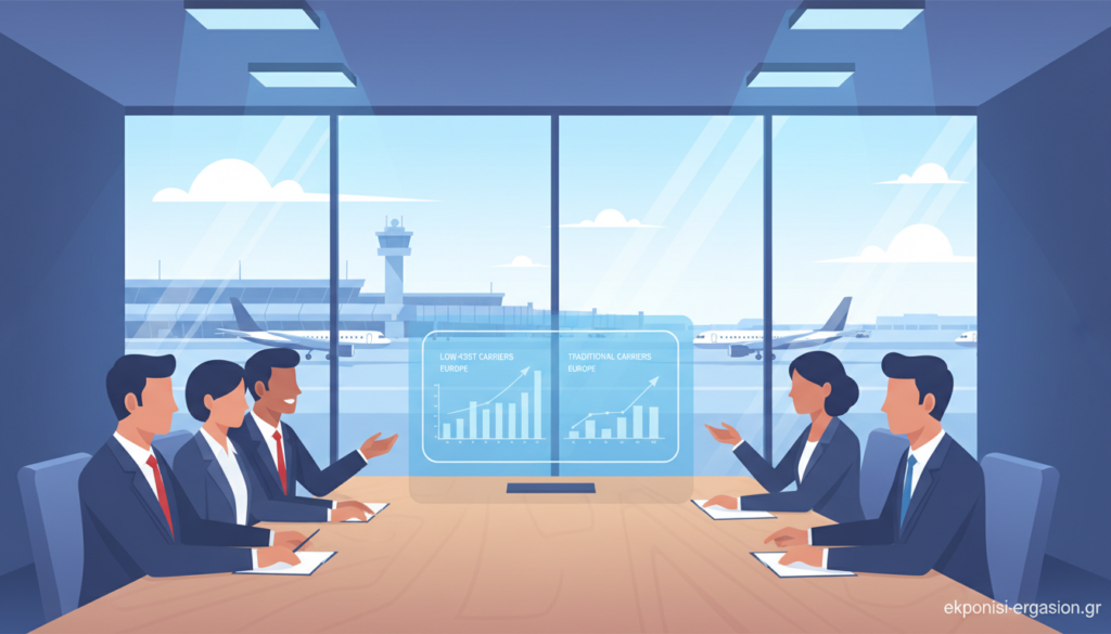 A professional corporate setting focused on strategic management in the airline industry. In the foreground, a diverse group of business professionals, dressed in formal suits, engaged in a discussion around a large conference table with charts and graphs on a digital screen showcasing low-cost vs traditional carriers in Europe. In the middle, a sleek glass window revealing a modern airport scene with airplanes in the background. Illuminated by soft, diffused lighting, the atmosphere conveys a sense of collaboration and innovation. The color palette consists of cool blue tones, enhancing the academic feel of the scene. The image embodies professionalism and strategic thinking without any text or logos, except for a discreet watermark of "ekponisi-ergasion.gr" in the corner, ensuring a clean and polished appearance. A professional corporate setting focused on strategic management in the airline industry. In the foreground, a diverse group of business professionals, dressed in formal suits, engaged in a discussion around a large conference table with charts and graphs on a digital screen showcasing low-cost vs traditional carriers in Europe. In the middle, a sleek glass window revealing a modern airport scene with airplanes in the background. Illuminated by soft, diffused lighting, the atmosphere conveys a sense of collaboration and innovation. The color palette consists of cool blue tones, enhancing the academic feel of the scene. The image embodies professionalism and strategic thinking without any text or logos, except for a discreet watermark of "ekponisi-ergasion.gr" in the corner, ensuring a clean and polished appearance.
