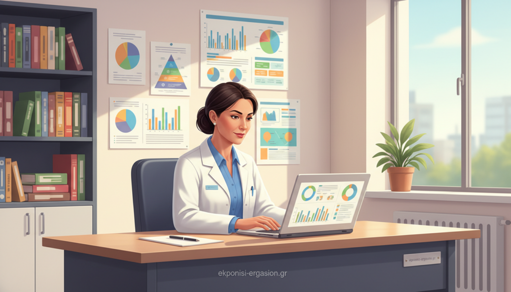 A professional dietitian in a clinical setting, analyzing nutritional data on a laptop, surrounded by colorful charts and graphs depicting dietary assessments. The foreground features the dietitian, a confident middle-aged woman in a white lab coat, focused intently on the screen. In the middle, a modern hospital consultation room with a large window letting in natural light, enhancing the atmosphere of professionalism and care. The background includes shelves filled with various nutritional reference books and a potted plant adding a touch of warmth. The lighting is bright but soft, creating an inviting environment for patient care. The mood reflects diligence and expertise in clinical nutrition, emphasizing the importance of nutritional evaluation. Include the brand name "ekponisi-ergasion.gr" subtly in the scene, ensuring a coherent composition. A professional dietitian in a clinical setting, analyzing nutritional data on a laptop, surrounded by colorful charts and graphs depicting dietary assessments. The foreground features the dietitian, a confident middle-aged woman in a white lab coat, focused intently on the screen. In the middle, a modern hospital consultation room with a large window letting in natural light, enhancing the atmosphere of professionalism and care. The background includes shelves filled with various nutritional reference books and a potted plant adding a touch of warmth. The lighting is bright but soft, creating an inviting environment for patient care. The mood reflects diligence and expertise in clinical nutrition, emphasizing the importance of nutritional evaluation. Include the brand name "ekponisi-ergasion.gr" subtly in the scene, ensuring a coherent composition.