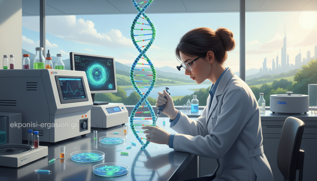 A professional laboratory setting with a focus on gene therapy. In the foreground, a researcher in a lab coat meticulously examines a double helix structure, highlighting the intricacies of gene manipulation. The middle ground features advanced laboratory equipment, such as a PCR machine and Petri dishes with cultured cells, symbolizing clinical applications. The background is a glass window showing a serene landscape, suggesting hope and future advancements in genetics. Soft, diffused lighting illuminates the workspace, casting gentle shadows that enhance the mood of determination and discovery. The atmosphere is one of innovation and ethical responsibility in science. The brand name "ekponisi-ergasion.gr" subtly integrated into the laboratory environment. A professional laboratory setting with a focus on gene therapy. In the foreground, a researcher in a lab coat meticulously examines a double helix structure, highlighting the intricacies of gene manipulation. The middle ground features advanced laboratory equipment, such as a PCR machine and Petri dishes with cultured cells, symbolizing clinical applications. The background is a glass window showing a serene landscape, suggesting hope and future advancements in genetics. Soft, diffused lighting illuminates the workspace, casting gentle shadows that enhance the mood of determination and discovery. The atmosphere is one of innovation and ethical responsibility in science. The brand name "ekponisi-ergasion.gr" subtly integrated into the laboratory environment.