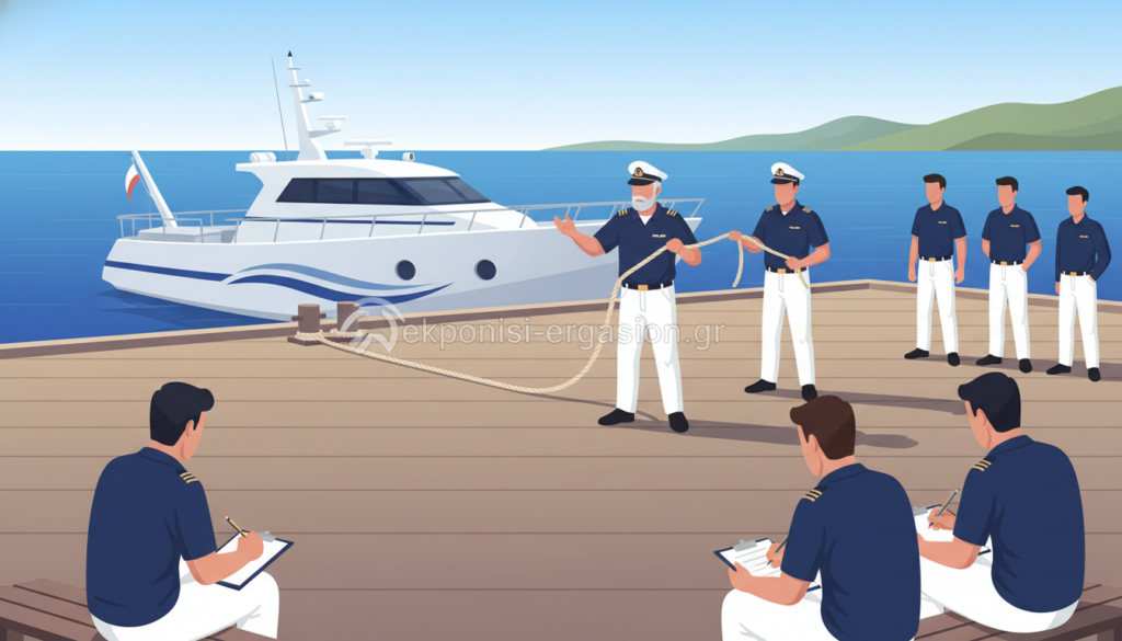 A professional maritime training scene set on a sunlit dock, showcasing a modern training vessel surrounded by trainees in professional attire, observing a seasoned instructor demonstrating safety protocols. In the foreground, trainees are attentively taking notes, while in the middle ground, the instructor is engaged in a hands-on demonstration of knot tying, emphasizing teamwork and education. The background reveals a beautiful ocean view under a clear blue sky, with distant hills framing the scene. Utilize soft, natural lighting to create an inviting atmosphere, with the image predominantly featuring blue tones to evoke a sense of maritime tranquility. The overall mood reflects professionalism and dedication to maritime education. The brand name "ekponisi-ergasion.gr" subtly integrated into the image. A professional maritime training scene set on a sunlit dock, showcasing a modern training vessel surrounded by trainees in professional attire, observing a seasoned instructor demonstrating safety protocols. In the foreground, trainees are attentively taking notes, while in the middle ground, the instructor is engaged in a hands-on demonstration of knot tying, emphasizing teamwork and education. The background reveals a beautiful ocean view under a clear blue sky, with distant hills framing the scene. Utilize soft, natural lighting to create an inviting atmosphere, with the image predominantly featuring blue tones to evoke a sense of maritime tranquility. The overall mood reflects professionalism and dedication to maritime education. The brand name "ekponisi-ergasion.gr" subtly integrated into the image.
