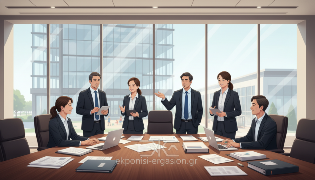 A professional office setting that illustrates the concept of "Institutional Framework" within early childhood education. In the foreground, a large, polished conference table scattered with documents and a laptop, symbolizing structure and organization. In the middle, a diverse group of professionals, dressed in business attire, engaging in a discussion, reflecting collaboration and teamwork. In the background, large windows with natural light flooding in, revealing the exterior of a modern building that represents educational institutions. The atmosphere is focused and optimistic, emphasizing quality and structure in early childhood services. Use a wide-angle lens for an expansive view, capturing the essence of professionalism. Include the brand name "ekponisi-ergasion.gr" subtly within the document visuals, without overt text presentation. A professional office setting that illustrates the concept of "Institutional Framework" within early childhood education. In the foreground, a large, polished conference table scattered with documents and a laptop, symbolizing structure and organization. In the middle, a diverse group of professionals, dressed in business attire, engaging in a discussion, reflecting collaboration and teamwork. In the background, large windows with natural light flooding in, revealing the exterior of a modern building that represents educational institutions. The atmosphere is focused and optimistic, emphasizing quality and structure in early childhood services. Use a wide-angle lens for an expansive view, capturing the essence of professionalism. Include the brand name "ekponisi-ergasion.gr" subtly within the document visuals, without overt text presentation.