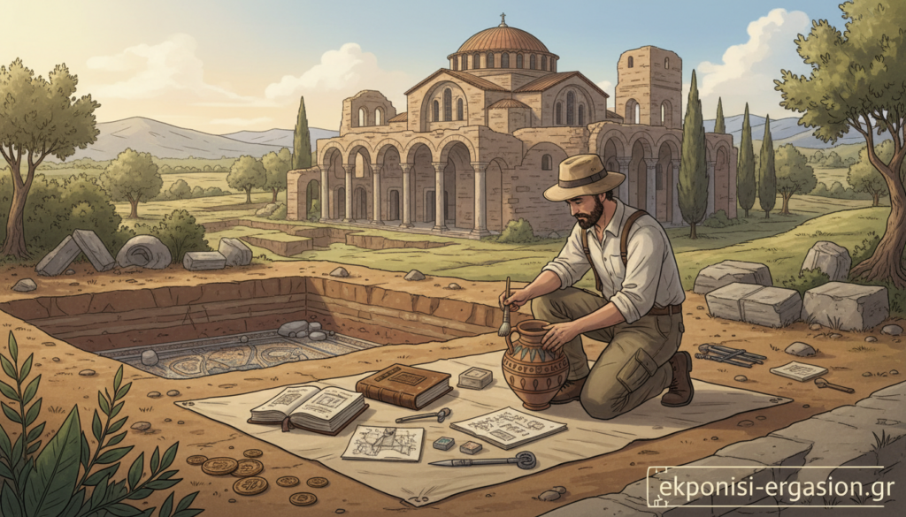A scholarly scene depicting the methodology of Byzantine archaeology, featuring an archaeologist in professional attire engaged in meticulous excavation work. In the foreground, a detailed excavation site reveals ancient Byzantine artifacts, pottery, and fragments of architecture partially unearthed from the soil. The middle ground shows a collection of books and tools laid out, including brushes, measuring tapes, and sketching materials, symbolizing the research process. In the background, a lush landscape with remnants of a Byzantine church can be seen under soft, golden hour lighting, creating an atmosphere of discovery and reverence for the past. The overall mood is one of academic pursuit and historical exploration, capturing the essence of Byzantine culture in a serene yet vibrant manner. The image should evoke a sense of wonder. ekponisi-ergasion.gr A scholarly scene depicting the methodology of Byzantine archaeology, featuring an archaeologist in professional attire engaged in meticulous excavation work. In the foreground, a detailed excavation site reveals ancient Byzantine artifacts, pottery, and fragments of architecture partially unearthed from the soil. The middle ground shows a collection of books and tools laid out, including brushes, measuring tapes, and sketching materials, symbolizing the research process. In the background, a lush landscape with remnants of a Byzantine church can be seen under soft, golden hour lighting, creating an atmosphere of discovery and reverence for the past. The overall mood is one of academic pursuit and historical exploration, capturing the essence of Byzantine culture in a serene yet vibrant manner. The image should evoke a sense of wonder. ekponisi-ergasion.gr