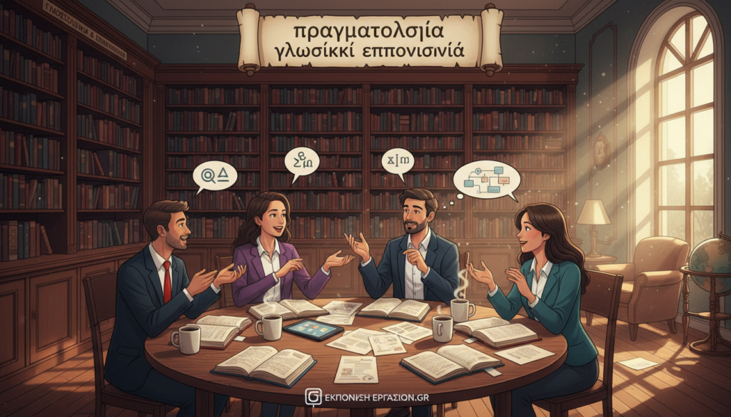 A scholarly setting illustrating "πραγματολογία γλωσσική επικοινωνία." In the foreground, a diverse group of professionals in business attire engage in a lively discussion, their expressions reflecting deep thought and collaboration. In the middle, a wooden table filled with open books, papers, and cups of coffee symbolizes academic rigor and the exchange of ideas. The background features a cozy library filled with shelves of books on linguistics and communication, with warm, ambient lighting creating an inviting atmosphere. Soft sunlight filters through large windows, casting gentle shadows. The overall mood is intellectual and dynamic, inspiring curiosity and engagement in the study of linguistic communication. Include elements related to the website "ekponisi-ergasion.gr" subtly integrated into the setting, enhancing the scholarly focus without overtly branding the image. A scholarly setting illustrating "πραγματολογία γλωσσική επικοινωνία." In the foreground, a diverse group of professionals in business attire engage in a lively discussion, their expressions reflecting deep thought and collaboration. In the middle, a wooden table filled with open books, papers, and cups of coffee symbolizes academic rigor and the exchange of ideas. The background features a cozy library filled with shelves of books on linguistics and communication, with warm, ambient lighting creating an inviting atmosphere. Soft sunlight filters through large windows, casting gentle shadows. The overall mood is intellectual and dynamic, inspiring curiosity and engagement in the study of linguistic communication. Include elements related to the website "ekponisi-ergasion.gr" subtly integrated into the setting, enhancing the scholarly focus without overtly branding the image.