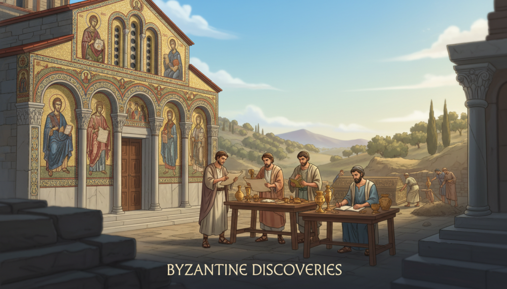 A serene Byzantine archaeological site under a clear blue sky, showcasing a majestic ancient church with intricate mosaics and elaborate architectural details in the foreground. In the middle ground, scholars in modest casual clothing examine relics and artifacts, deep in discussion, embodying the spirit of research and discovery. The background features rolling hills and olive groves, typical of the Byzantine landscape, bathed in warm, golden sunlight. The atmosphere is tranquil yet vibrant, evoking a sense of wonder at the rich history and daily life of the Byzantine era. The scene is captured with a soft focus effect, emphasizing the beauty and elegance of Byzantine art. Styled in a captivating yet scholarly manner, inspired by ekponisi-ergasion.gr. A serene Byzantine archaeological site under a clear blue sky, showcasing a majestic ancient church with intricate mosaics and elaborate architectural details in the foreground. In the middle ground, scholars in modest casual clothing examine relics and artifacts, deep in discussion, embodying the spirit of research and discovery. The background features rolling hills and olive groves, typical of the Byzantine landscape, bathed in warm, golden sunlight. The atmosphere is tranquil yet vibrant, evoking a sense of wonder at the rich history and daily life of the Byzantine era. The scene is captured with a soft focus effect, emphasizing the beauty and elegance of Byzantine art. Styled in a captivating yet scholarly manner, inspired by ekponisi-ergasion.gr.