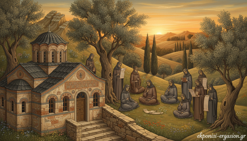 A serene Byzantine landscape illustrating the early roots of monasticism, capturing a group of humble monks engaged in prayer and meditation within a lush, green setting. In the foreground, a weathered stone monastery stands, adorned with intricate frescoes and surrounded by olive trees. The middle background features monks dressed in simple, modest robes, lost in thought or holding scrolls, reflecting deep spirituality. In the background, rolling hills fade into a soft, golden sunset that casts warm light across the scene, enhancing the tranquil atmosphere. The composition offers a peaceful and contemplative mood, emphasizing the historical evolution of monasticism. The image should be shot from a slightly elevated angle, with the natural lighting highlighting the monks' expressions and the details of the monastery. Branded discreetly with "ekponisi-ergasion.gr". A serene Byzantine landscape illustrating the early roots of monasticism, capturing a group of humble monks engaged in prayer and meditation within a lush, green setting. In the foreground, a weathered stone monastery stands, adorned with intricate frescoes and surrounded by olive trees. The middle background features monks dressed in simple, modest robes, lost in thought or holding scrolls, reflecting deep spirituality. In the background, rolling hills fade into a soft, golden sunset that casts warm light across the scene, enhancing the tranquil atmosphere. The composition offers a peaceful and contemplative mood, emphasizing the historical evolution of monasticism. The image should be shot from a slightly elevated angle, with the natural lighting highlighting the monks' expressions and the details of the monastery. Branded discreetly with "ekponisi-ergasion.gr".