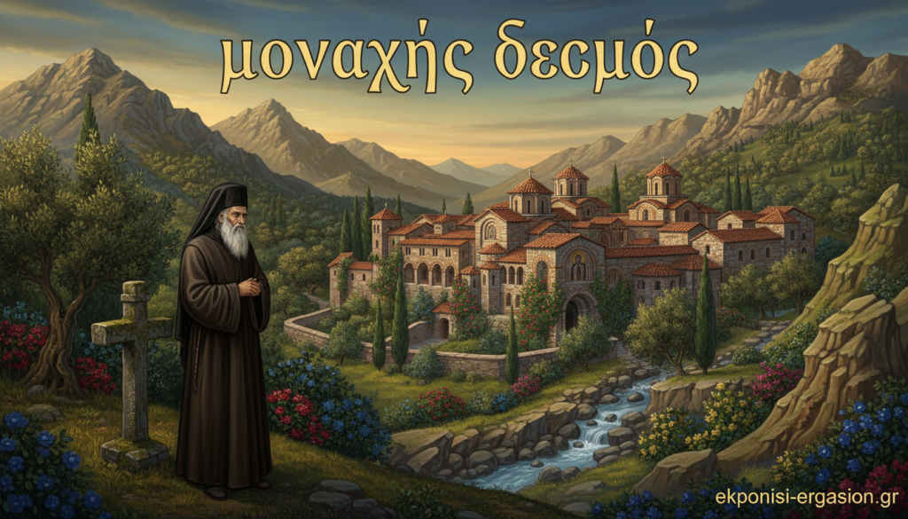 A serene Byzantine monastery set in a lush mountainous landscape, representing "μοναχής θεσμός." In the foreground, a contemplative monk in modest, traditional robes stands beside an ancient stone cross, gazing thoughtfully into the distance. The middle ground features a weathered monastery with ornate architecture, blending harmoniously with the surrounding nature. Lush trees and vibrant wildflowers add color, while a gentle stream flows nearby. The background reveals majestic mountains under a soft golden light of dusk, creating a peaceful and spiritual atmosphere. The scene is shot at a slight angle with a wide lens to capture the grandeur of the setting. The overall mood is tranquil and contemplative, inviting reflection on the spiritual legacy of monasticism. Image created for ekponisi-ergasion.gr. A serene Byzantine monastery set in a lush mountainous landscape, representing "μοναχής θεσμός." In the foreground, a contemplative monk in modest, traditional robes stands beside an ancient stone cross, gazing thoughtfully into the distance. The middle ground features a weathered monastery with ornate architecture, blending harmoniously with the surrounding nature. Lush trees and vibrant wildflowers add color, while a gentle stream flows nearby. The background reveals majestic mountains under a soft golden light of dusk, creating a peaceful and spiritual atmosphere. The scene is shot at a slight angle with a wide lens to capture the grandeur of the setting. The overall mood is tranquil and contemplative, inviting reflection on the spiritual legacy of monasticism. Image created for ekponisi-ergasion.gr.