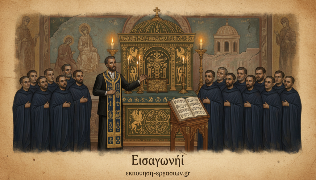 A serene Byzantine music setting featuring an altar adorned with ornate gold and olive green decorations. In the foreground, a skilled choir master, dressed in a formal black suit with a traditional Byzantine stole, conducts a group of singers clad in elegant dark robes. Their expressions are focused and passionate, showcasing the dedication to their art. In the middle ground, an ancient manuscript with notated Byzantine music lies open on a lectern. The background reveals faded frescoes depicting scenes of Byzantine worship, illuminated by soft, warm candlelight. The atmosphere conveys reverence and history, inviting contemplation of Byzantine musical heritage. The image reflects the essence of "βυζαντινή μουσική ψαλτική," perfect for illustrating the section "Εισαγωγή." ekponisi-ergasion.gr A serene Byzantine music setting featuring an altar adorned with ornate gold and olive green decorations. In the foreground, a skilled choir master, dressed in a formal black suit with a traditional Byzantine stole, conducts a group of singers clad in elegant dark robes. Their expressions are focused and passionate, showcasing the dedication to their art. In the middle ground, an ancient manuscript with notated Byzantine music lies open on a lectern. The background reveals faded frescoes depicting scenes of Byzantine worship, illuminated by soft, warm candlelight. The atmosphere conveys reverence and history, inviting contemplation of Byzantine musical heritage. The image reflects the essence of "βυζαντινή μουσική ψαλτική," perfect for illustrating the section "Εισαγωγή." ekponisi-ergasion.gr