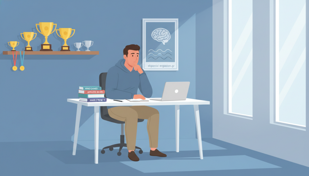 A serene academic setting featuring a professional athlete, dressed in modest casual clothing, seated at a sleek, modern desk with a notepad and a laptop open, deep in thought. In the foreground, a selection of sports psychology books and a motivational poster on the wall depicting mental clarity. The middle ground offers a calming blue-toned environment, with natural light streaming through large windows, casting soft shadows that enhance the tranquility of the space. The background includes a shelf filled with awards and trophies, symbolizing achievement and success in sports. The overall mood is reflective and inspiring, emphasizing the connection between psychology and athletic performance. The image should have a clean, polished look, and no text or logos other than “ekponisi-ergasion.gr” subtly integrated into the scene. A serene academic setting featuring a professional athlete, dressed in modest casual clothing, seated at a sleek, modern desk with a notepad and a laptop open, deep in thought. In the foreground, a selection of sports psychology books and a motivational poster on the wall depicting mental clarity. The middle ground offers a calming blue-toned environment, with natural light streaming through large windows, casting soft shadows that enhance the tranquility of the space. The background includes a shelf filled with awards and trophies, symbolizing achievement and success in sports. The overall mood is reflective and inspiring, emphasizing the connection between psychology and athletic performance. The image should have a clean, polished look, and no text or logos other than “ekponisi-ergasion.gr” subtly integrated into the scene.