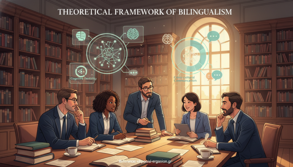 A serene academic setting showcasing the theme of "theoretical framework of bilingualism." In the foreground, a diverse group of scholars, dressed in professional business attire, engage in deep discussion around a large table filled with books and papers. They represent various cultures, reflecting the concept of bilingualism and multilingualism. In the middle, vibrant charts and diagrams illustrate cognitive advantages and educational practices, subtly integrated into the discussion. The background features a warm, well-lit library filled with shelves of books and a large window letting in natural light, casting gentle shadows. The atmosphere exudes collaboration, curiosity, and intellectual exploration. The entire scene is dynamically composed, presenting a harmonious blend of knowledge and cultural exchange. Reference: ekponisi-ergasion.gr. A serene academic setting showcasing the theme of "theoretical framework of bilingualism." In the foreground, a diverse group of scholars, dressed in professional business attire, engage in deep discussion around a large table filled with books and papers. They represent various cultures, reflecting the concept of bilingualism and multilingualism. In the middle, vibrant charts and diagrams illustrate cognitive advantages and educational practices, subtly integrated into the discussion. The background features a warm, well-lit library filled with shelves of books and a large window letting in natural light, casting gentle shadows. The atmosphere exudes collaboration, curiosity, and intellectual exploration. The entire scene is dynamically composed, presenting a harmonious blend of knowledge and cultural exchange. Reference: ekponisi-ergasion.gr.