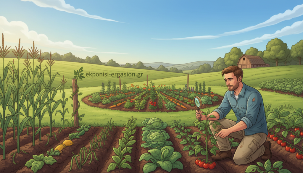 A serene agricultural landscape depicting integrated pest management (IPM) principles. In the foreground, a diverse group of crops, healthy and vibrant, represent different species working in harmony. A farmer, dressed in modest casual clothing, inspects plants closely, showcasing an engaged and thoughtful expression. In the middle ground, a small, thriving organic garden illustrates companion planting; flowers and herbs are interspersed with vegetables. The background features a lush green field under a clear blue sky, with the warm light of the late afternoon sun casting a soft glow over the scene. The atmosphere feels peaceful and hopeful, symbolizing sustainable practices. Include a subtle logo of "ekponisi-ergasion.gr" integrated into the natural elements without distracting from the overall image. A serene agricultural landscape depicting integrated pest management (IPM) principles. In the foreground, a diverse group of crops, healthy and vibrant, represent different species working in harmony. A farmer, dressed in modest casual clothing, inspects plants closely, showcasing an engaged and thoughtful expression. In the middle ground, a small, thriving organic garden illustrates companion planting; flowers and herbs are interspersed with vegetables. The background features a lush green field under a clear blue sky, with the warm light of the late afternoon sun casting a soft glow over the scene. The atmosphere feels peaceful and hopeful, symbolizing sustainable practices. Include a subtle logo of "ekponisi-ergasion.gr" integrated into the natural elements without distracting from the overall image.